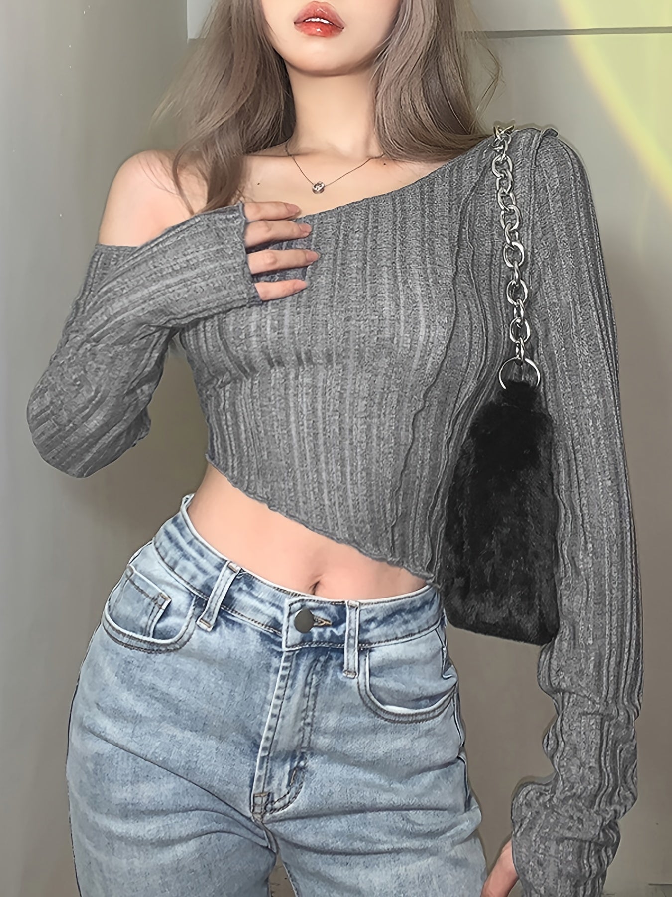 gbolsos Asymmetrical Slim T-shirt, Sexy Long Sleeve Ruched T-shirt, Women's Clothing