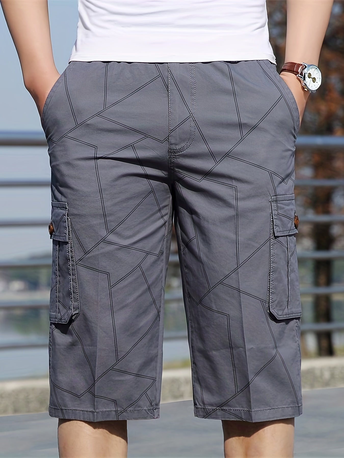 gbolsos Geometric Pattern Cotton Cargo Shorts, Men's Casual Multi Pocket Waist Drawstring Cargo Shorts For Summer Outdoor