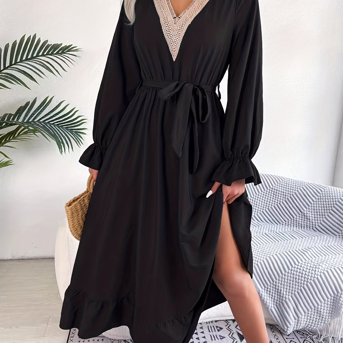 gbolsos Guipure Lace Ruched Dress, Casual V Neck Long Sleeve Ruffle Hem Dress, Women's Clothing