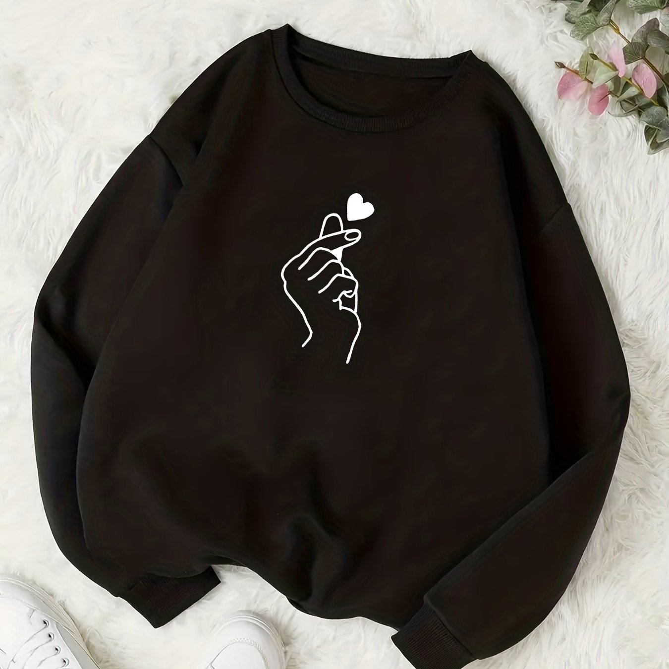 gbolsos Finger Heart Print Sweatshirt, Casual Long Sleeve Crew Neck Sweatshirt For Fall & Winter, Women's Clothing