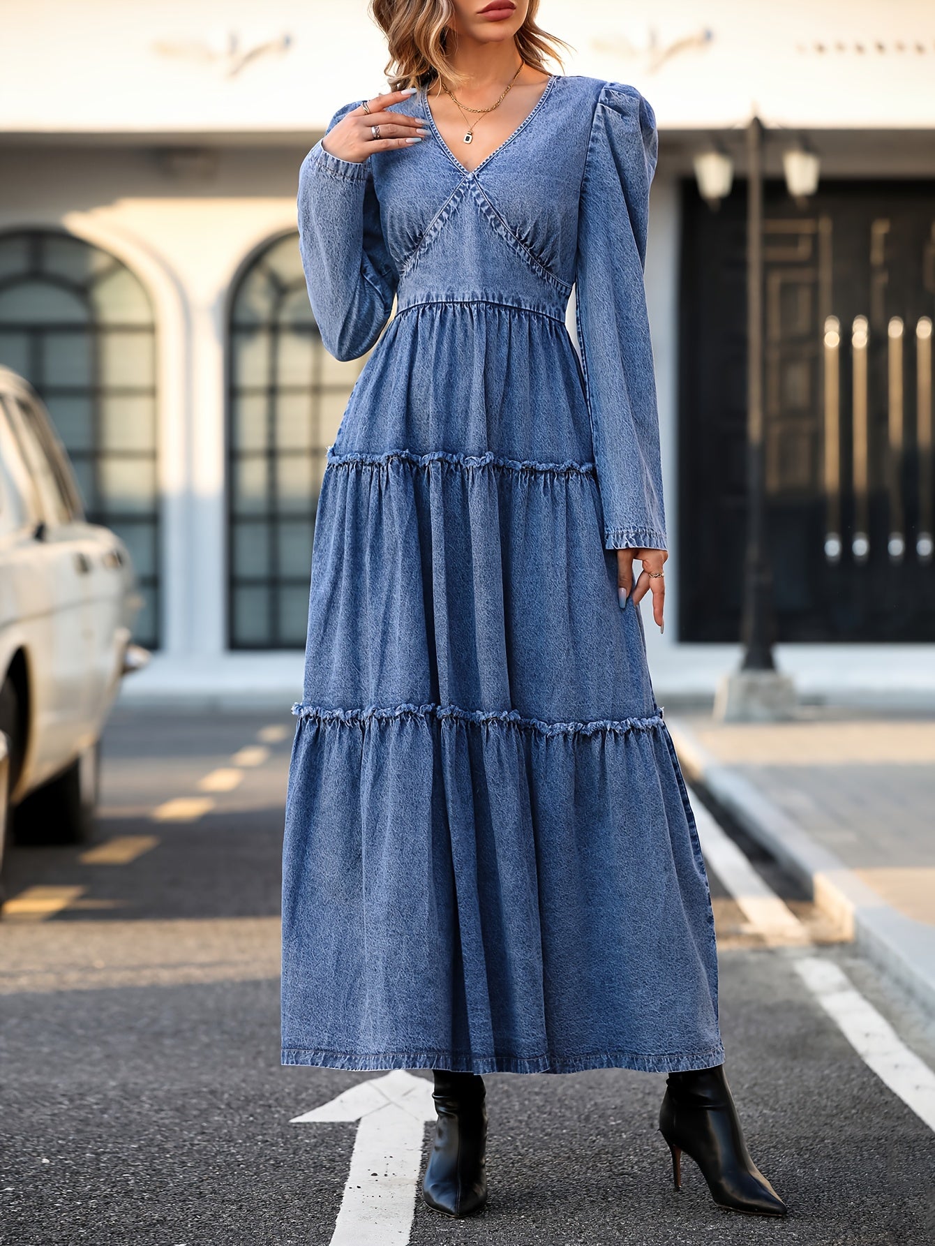 gbolsos Long Sleeves Layered Denim Dress, V Neck Ruffle Hem Denim Dress, Women's Denim Clothing