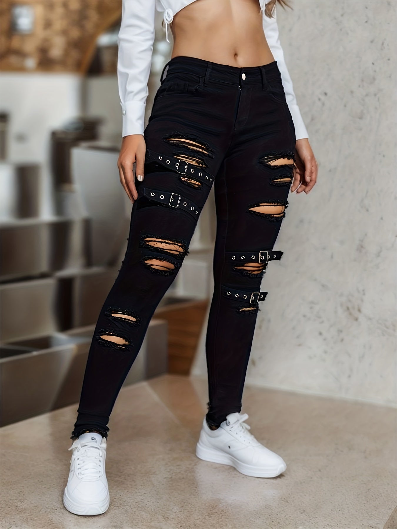 Ripped Grommet Buckle Detail Skinny Jeans, Solid Black High Strech Eye-catching Denim Pants, Women's Denim Jeans & Clothing