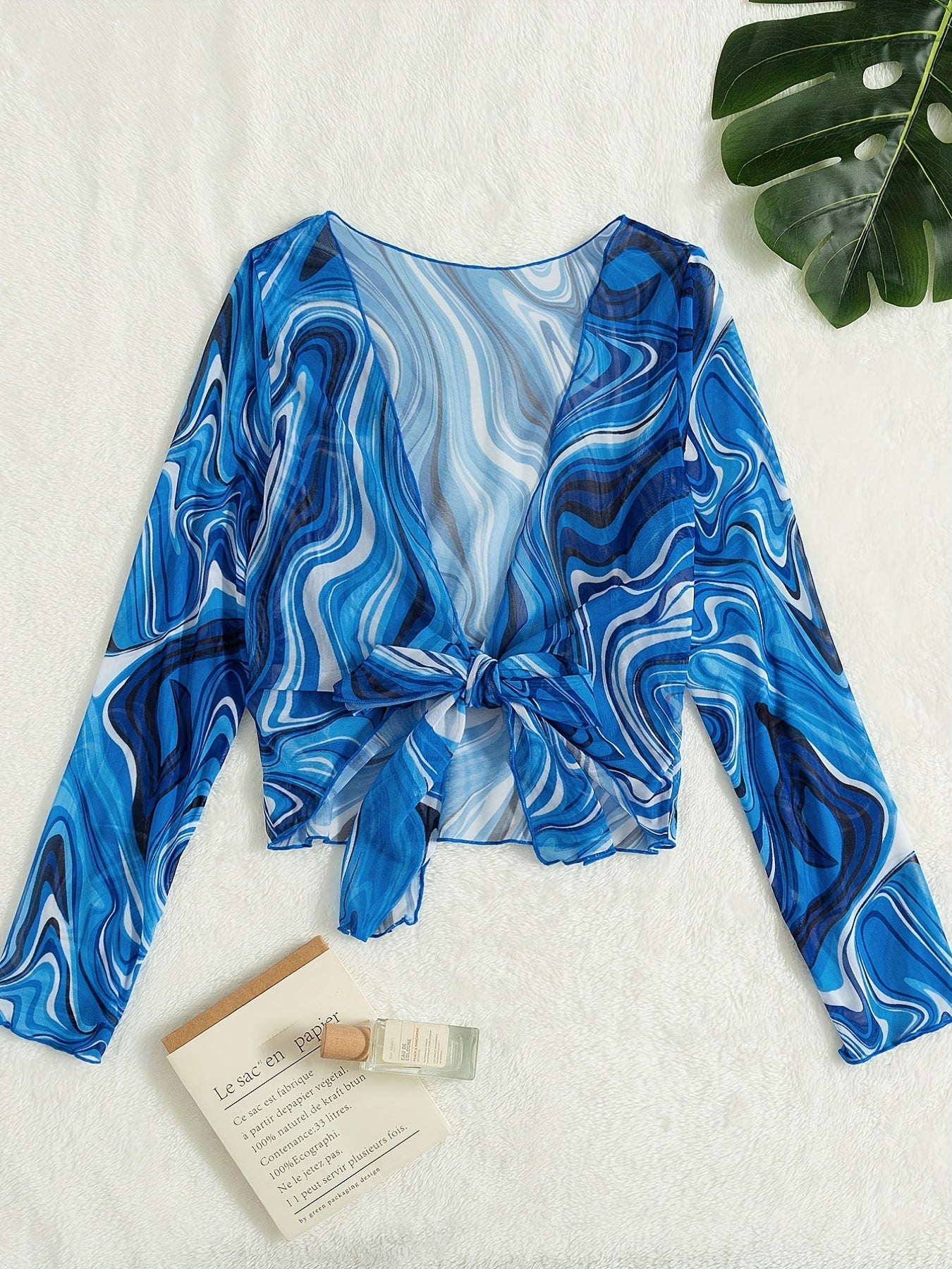 gbolsos Blue Fluid Print Long Sleeve Cover Up, Soft Mesh Bow Tie Sun Protection Cardigan, Women's Swimwear & Clothing