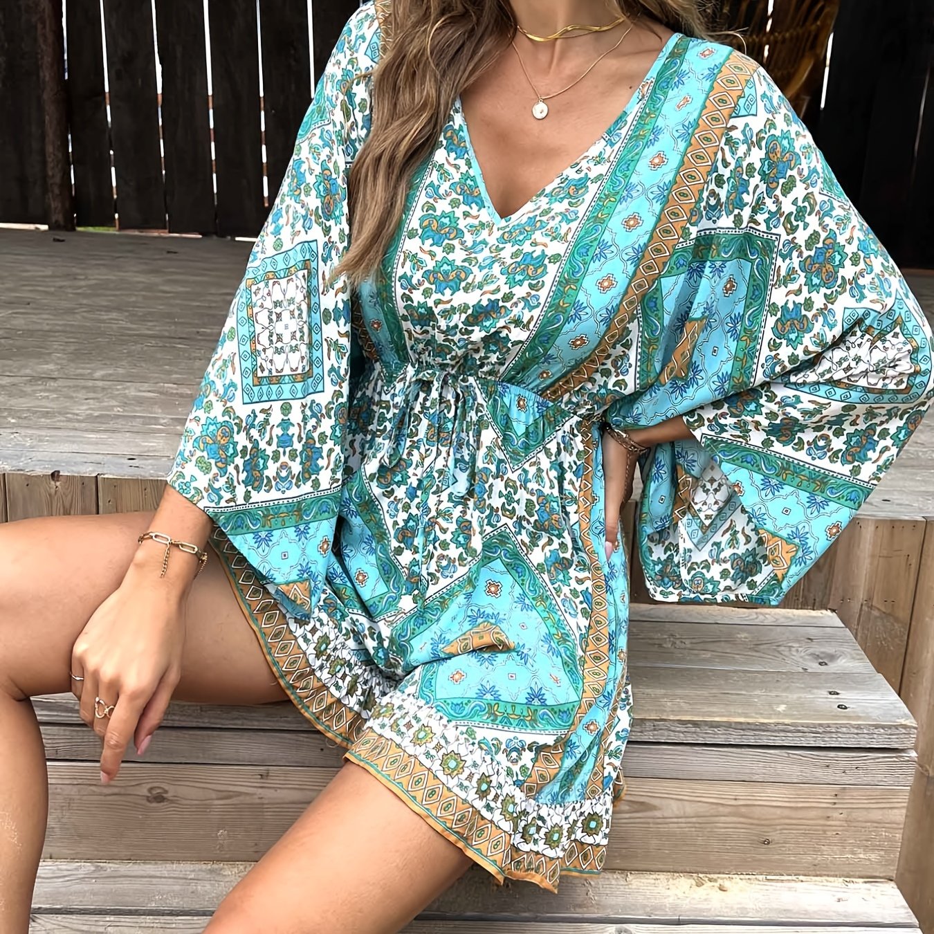 elveswallet Bohemian Print Lace Up Waist Jumpsuit, Boho Long Sleeve V-neck Loose Jumpsuit, Women's Clothing