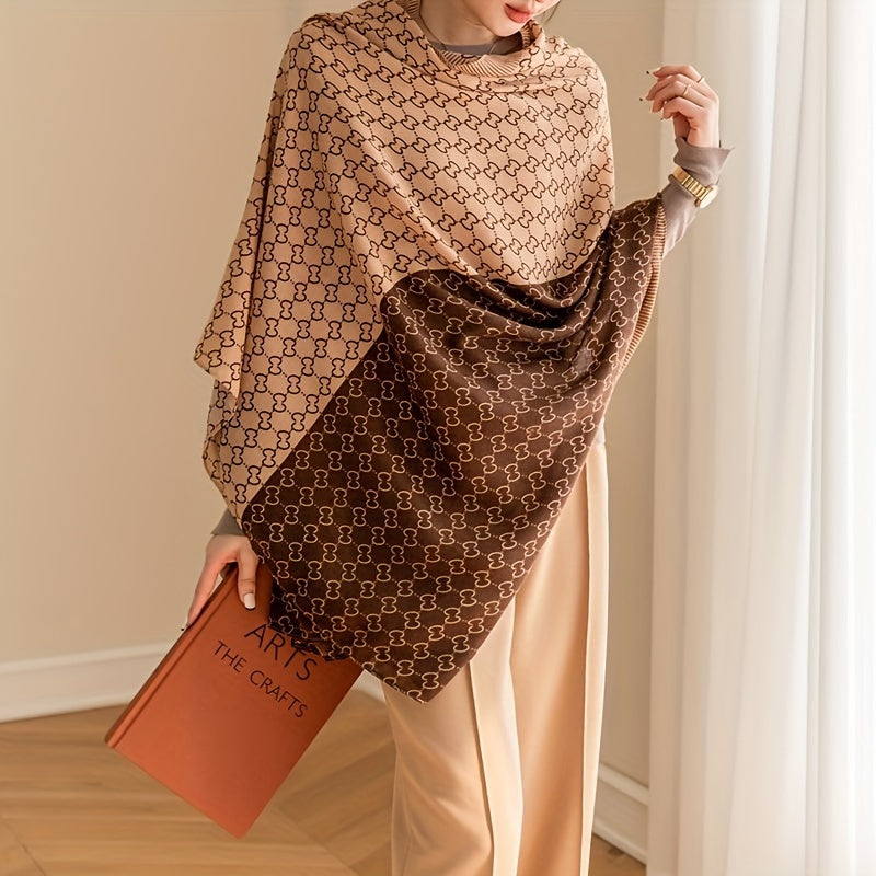 gbolsos Geometric Plaid Print Scarf Khaki Color Block Coldproof Shawl Elegant Casual Warm Wrap Classic Large Scarves For Women