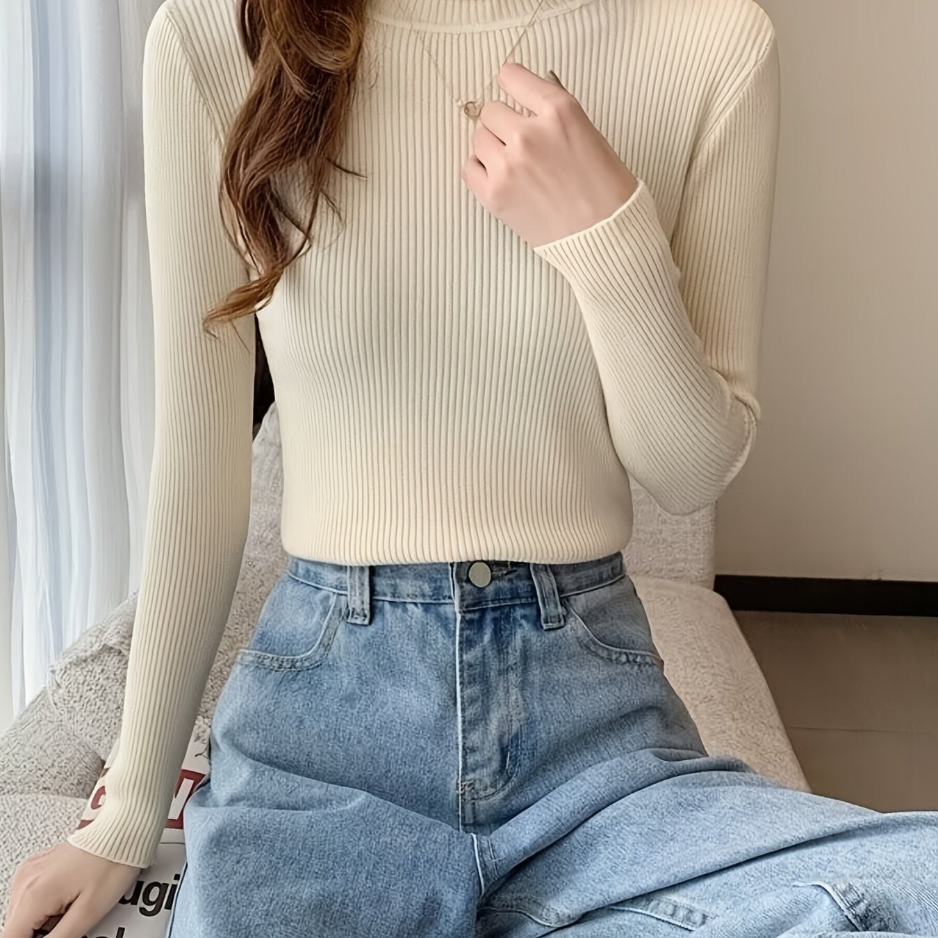 gbolsos Turtleneck Rib Knit Sweater, Sexy Solid Slim Long Sleeve Sweawter, Women's Clothing