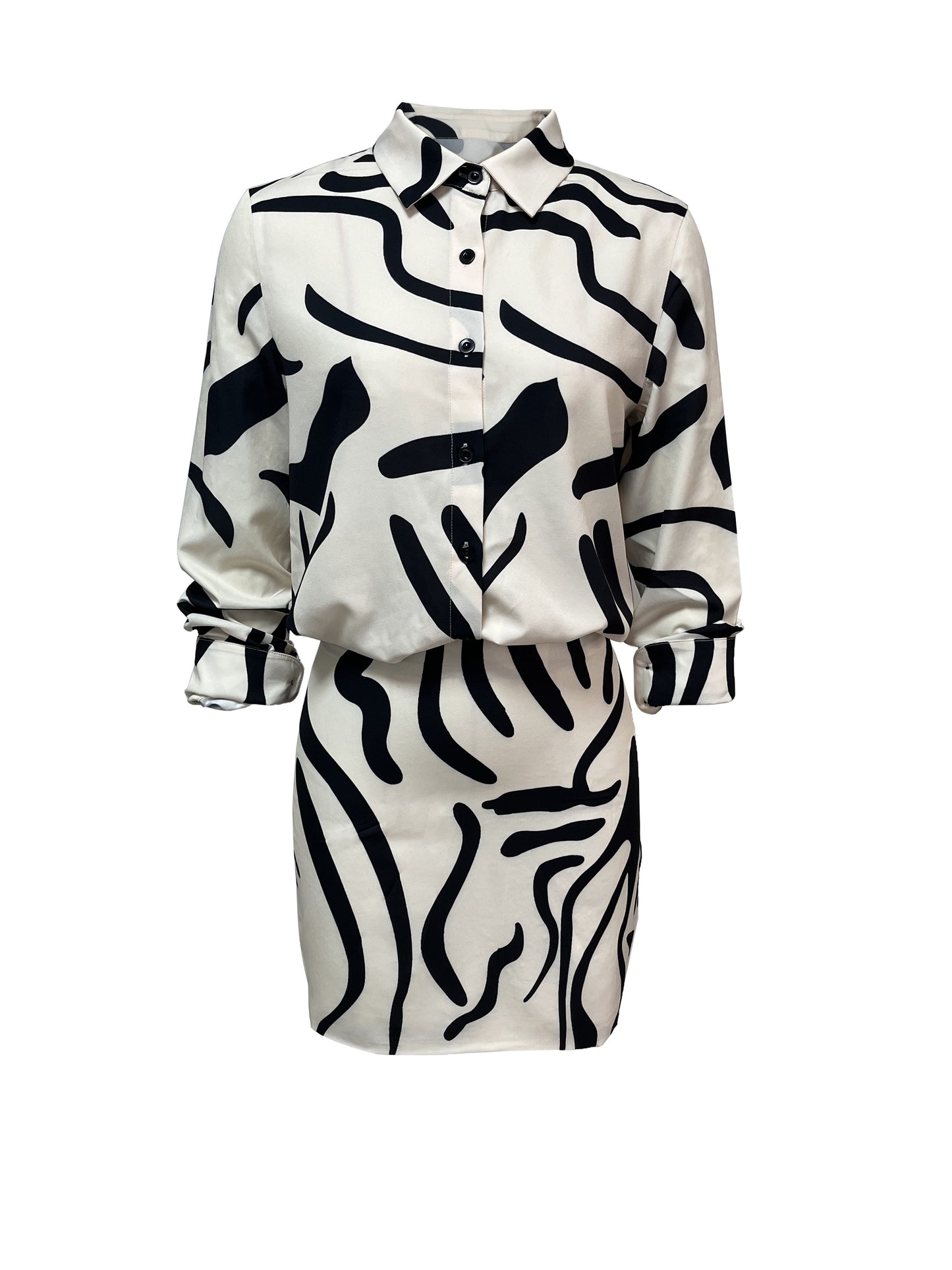 gbolsos Abstract Print Casual Two-piece Set, Button Front Long Sleeve Tops & Bag Hip Skirts Outfits, Women's Clothing