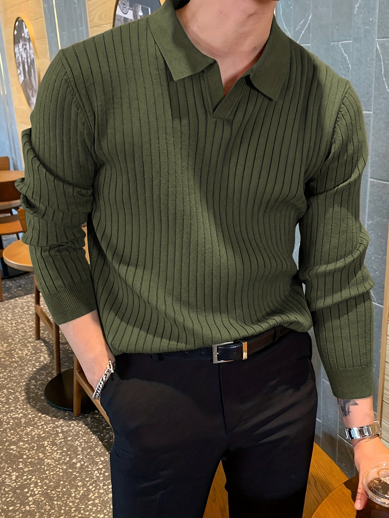 gbolsos Chic Knit Polo Shirt, Men's Casual Stylish Lapel Middle Stretch V-Neck Pullover Sweater For Winter Autumn