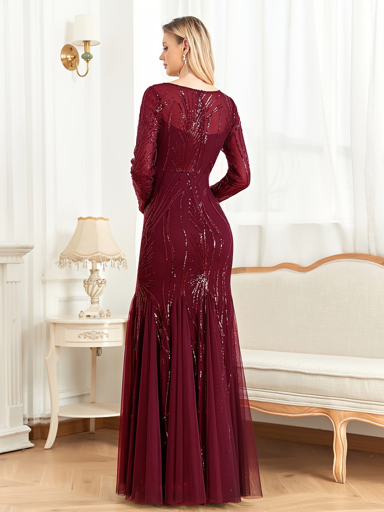 gbolsos Sequined Ruffle Mesh Splicing Dress, Elegant Long Sleeve Crew Neck Mermaid Hem Dress For For Party & Banquet, Women's Clothing
