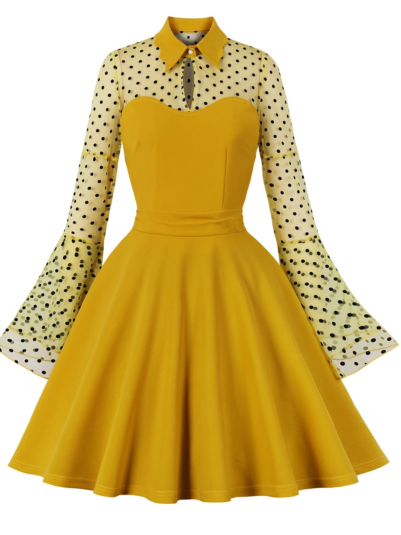 gbolsos Contrast Mesh Polka Dot Embroidery Dress, Vintage Flared Sleeve Waist Summer Dresses, Women's Clothing