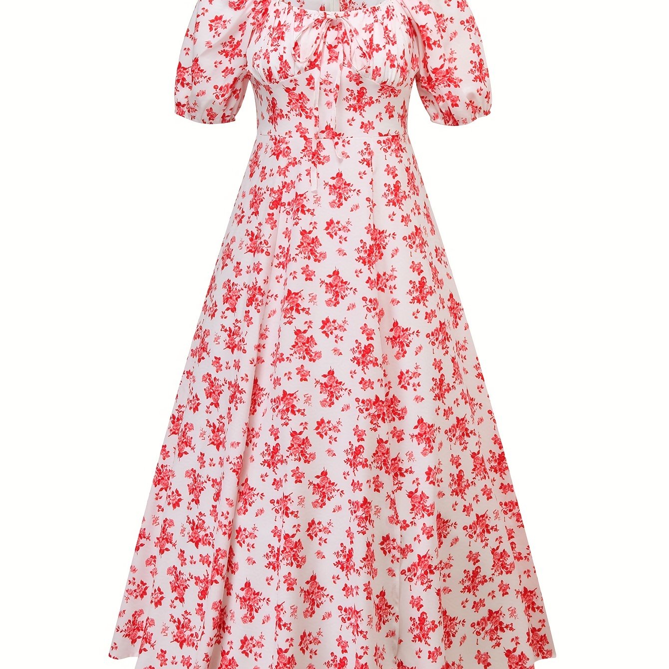 Floral Print Squared Neck Dress, Boho Puff Sleeve Split Thigh Maxi Dress, Women's Clothing