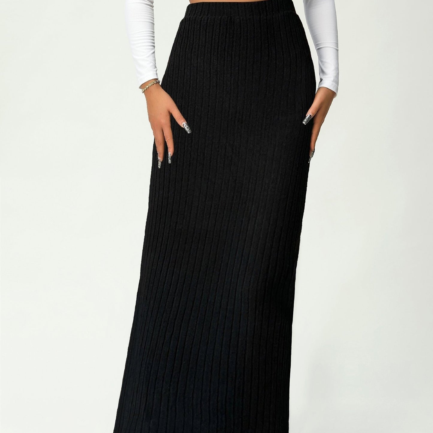gbolsos Solid Scallop Trim High Waist Skirt, Elegant Long Length Skirt For Spring & Fall, Women's Clothing