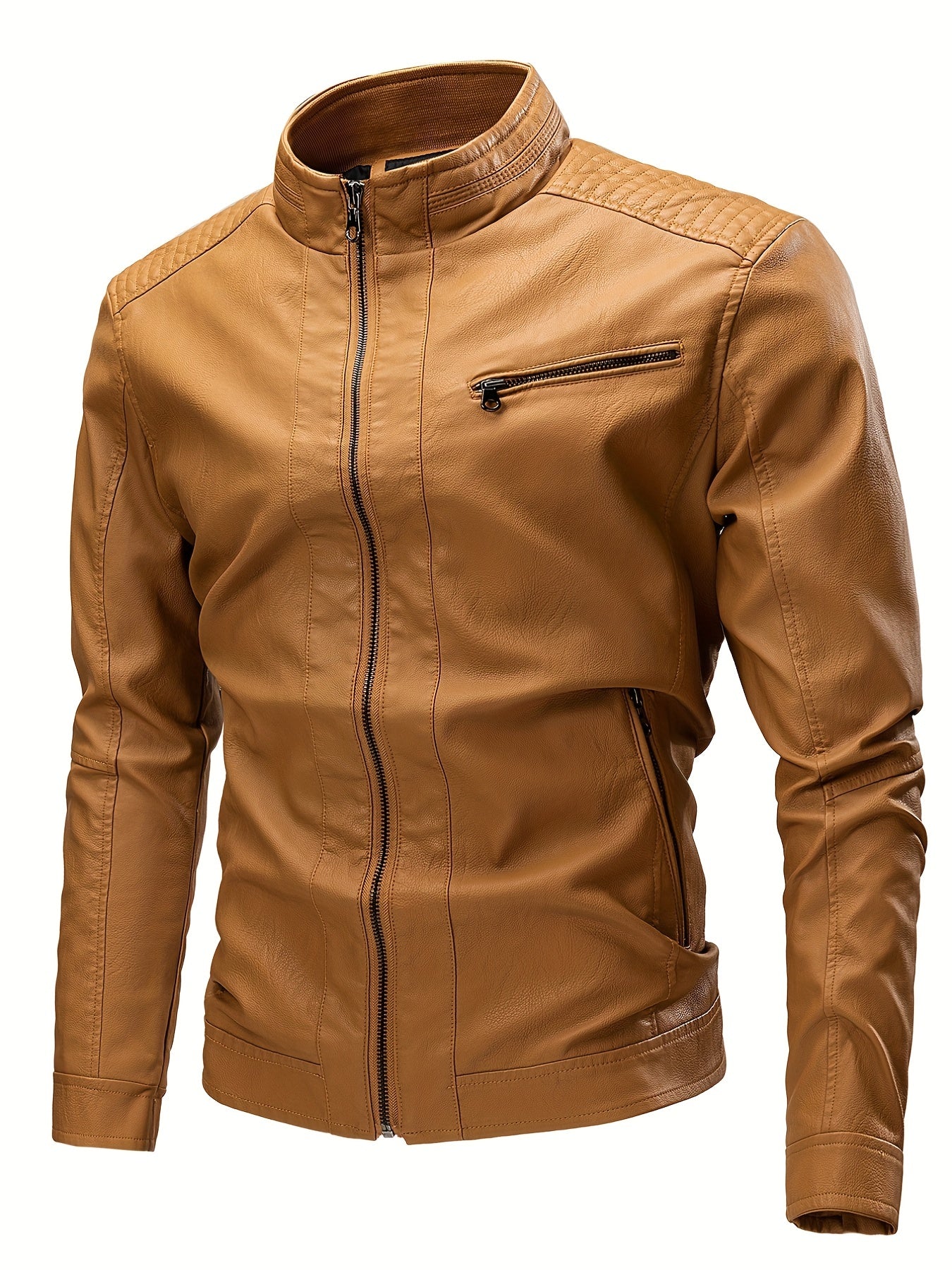 gbolsos Vintage PU Leather Jacket, Men's Casual Zip Up Stand Collar Faux Leather Jacket For Spring Fall Outdoor