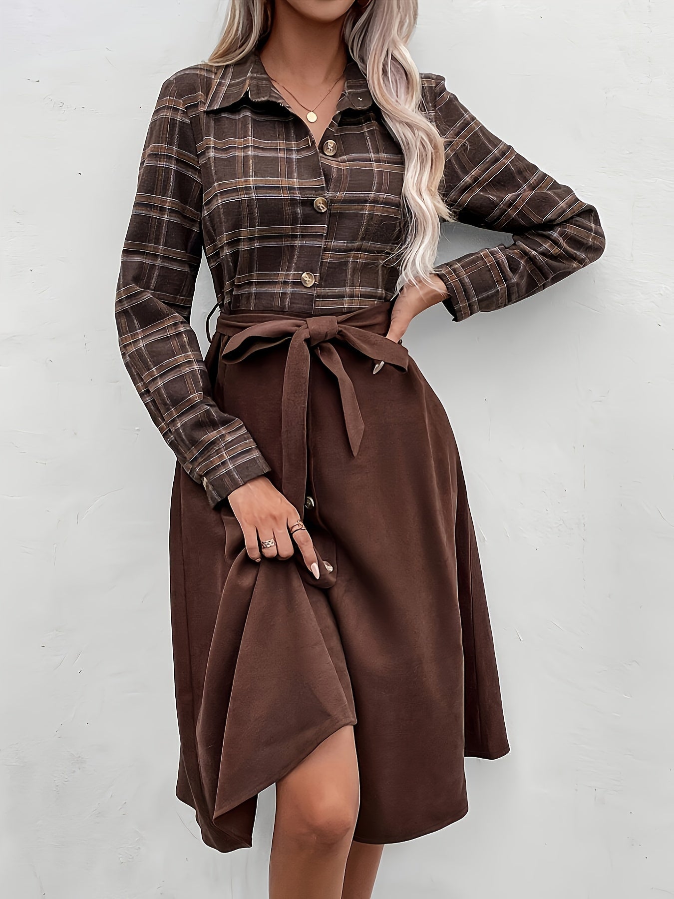 gbolsos Plaid Print Button Front Splicing Dress, Elegant Long Sleeve Dress, Women's Clothing