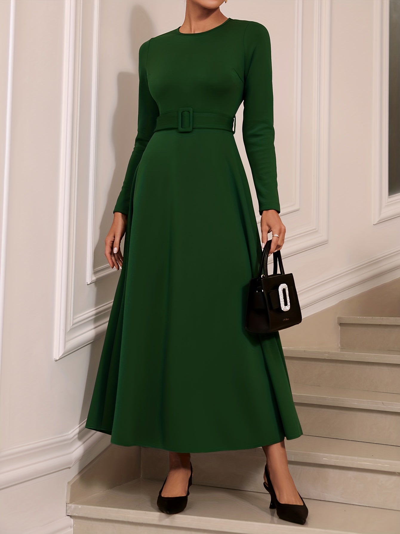 gbolsos Solid Long Sleeve Belt Dress, Elegant Crew Neck Dress For Spring & Fall, Women's Clothing