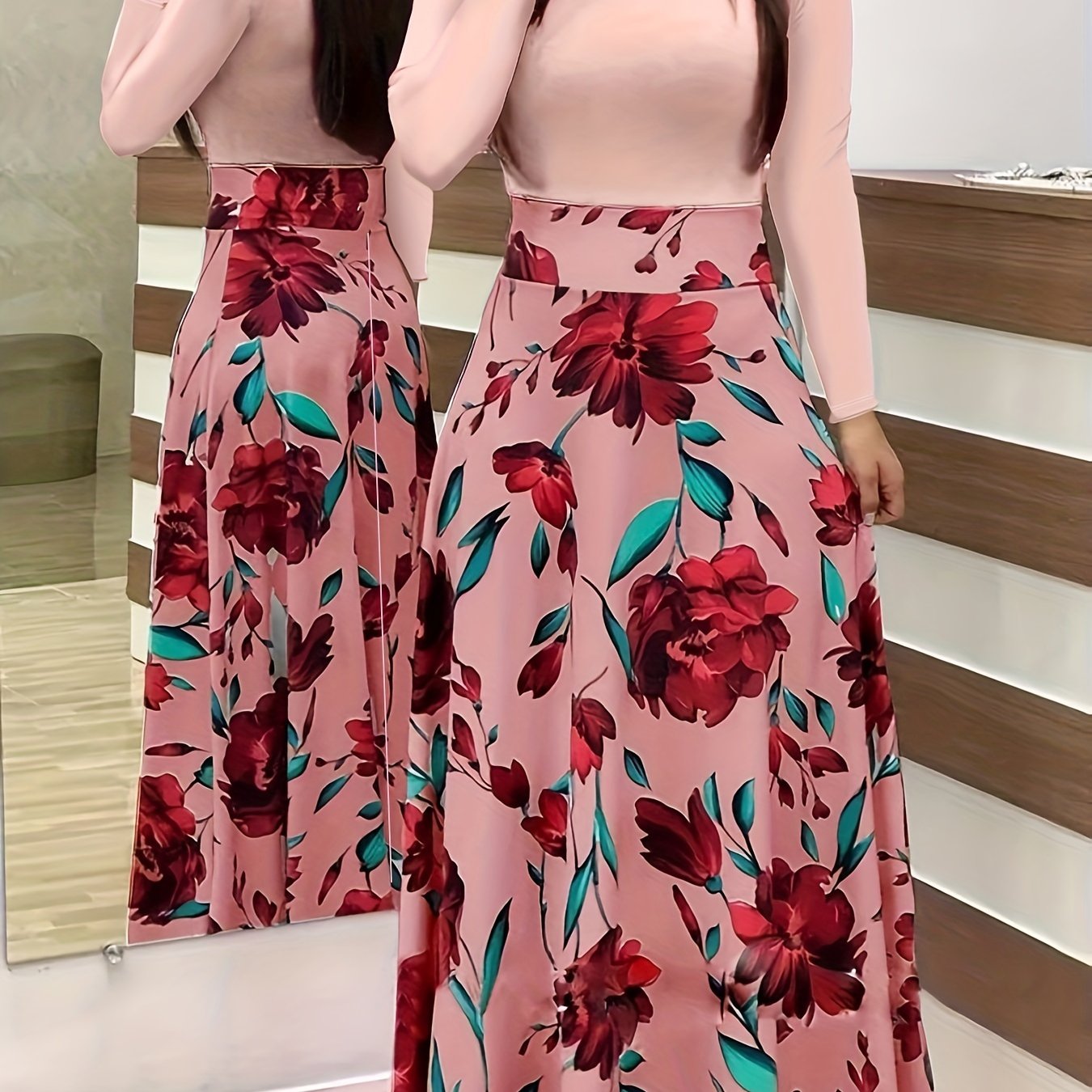 Floral Print Long Sleeve Dress, Elegant Crew Neck Pleated Maxi Dress, Women's Clothing