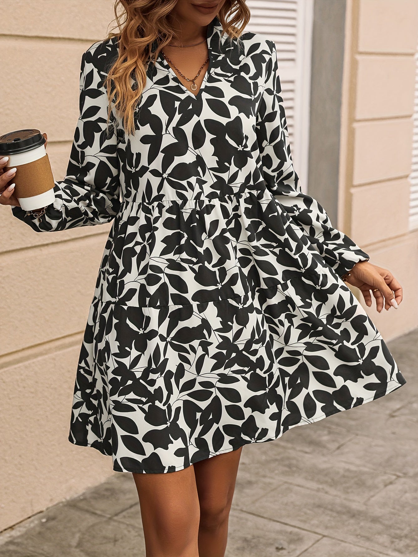 Floral Print Tiered Dress, Elegant V Neck Long Sleeve Dress, Women's Clothing