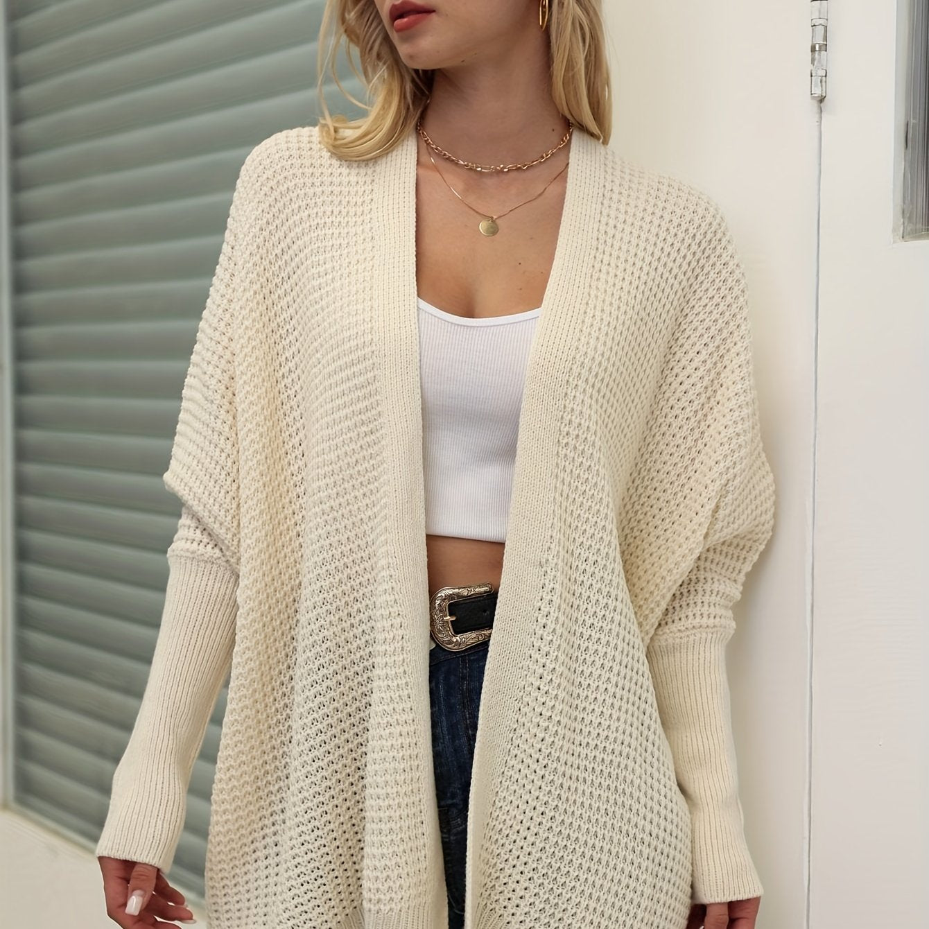 gbolsos Solid Simple Knit Cardigan, Casual Long Sleeve Open Front Sweater, Women's Clothing