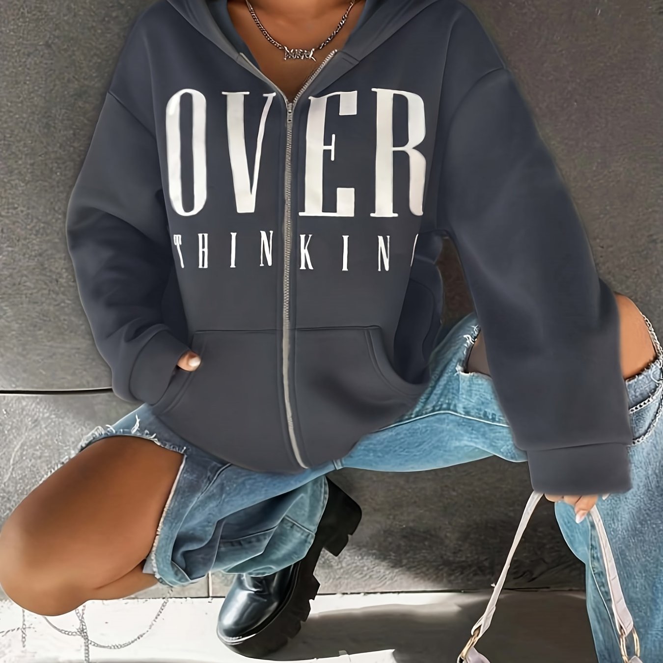 Letter Print Slant Pockets Zipper Hoodie, Casual Long Sleeve Hoodies Sweatshirt, Women's Clothing