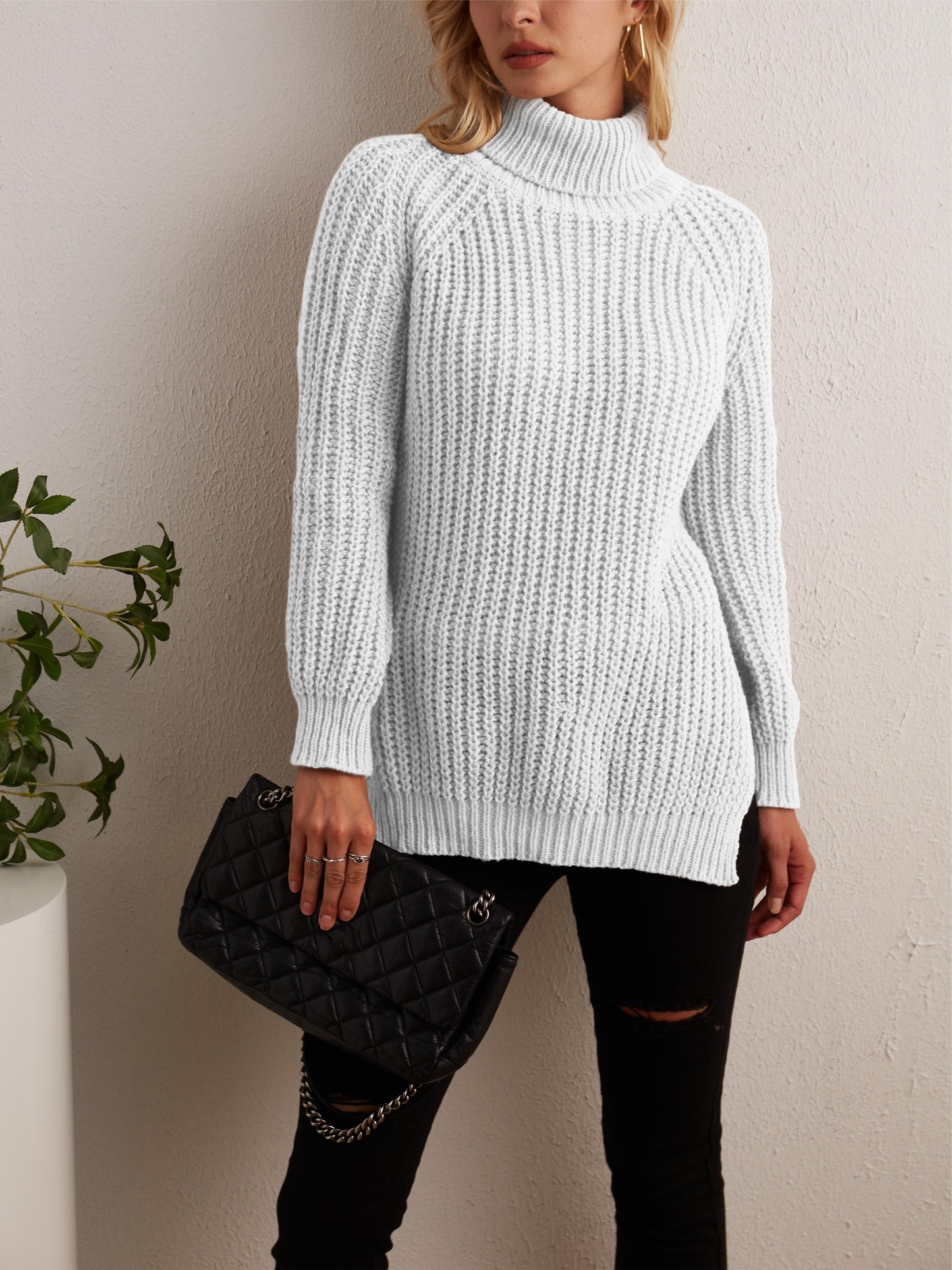 gbolsos Solid Turtleneck Oversized Sweater, Long Sleeve Side Slit Casual Sweater, Women's Clothing