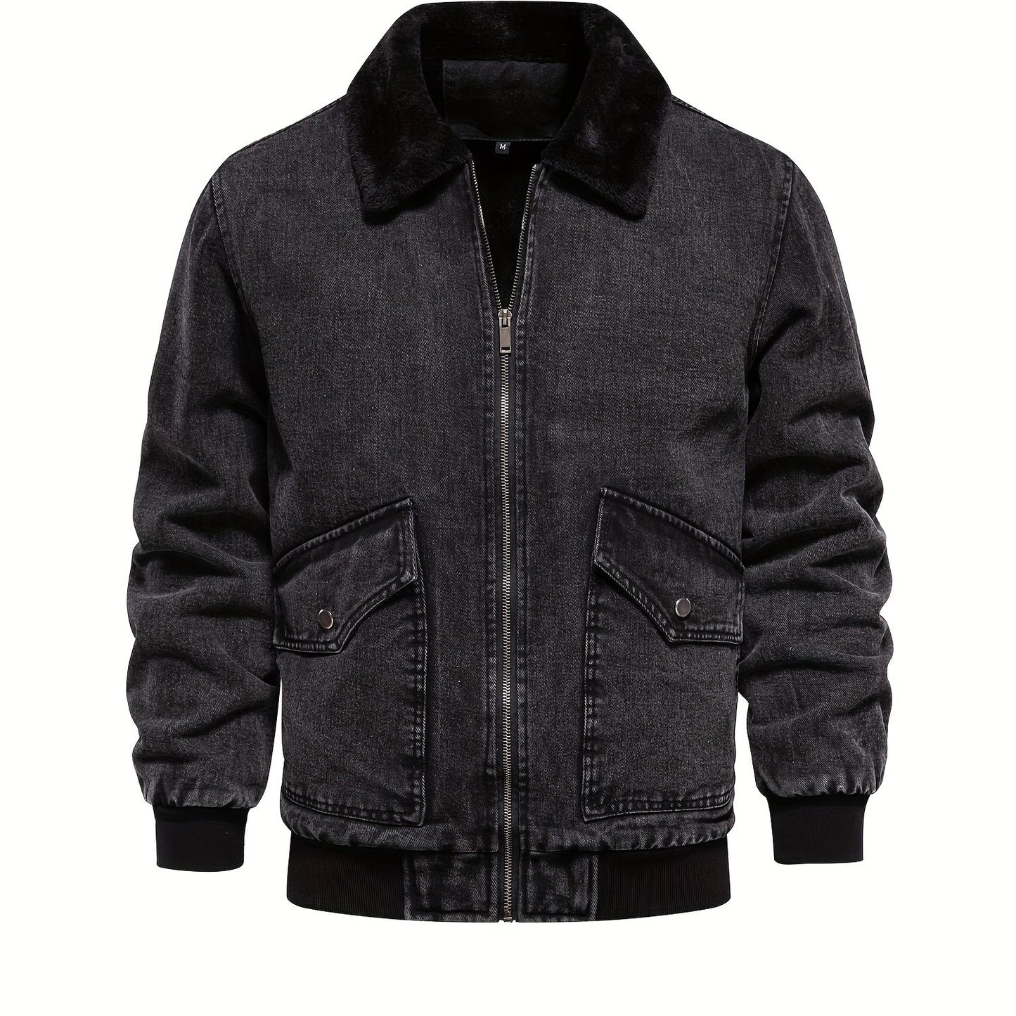 gbolsos Warm Fleece Denim Jacket, Men's Casual Flap Pocket Jacket Coat With Fur Collar For Fall Winter