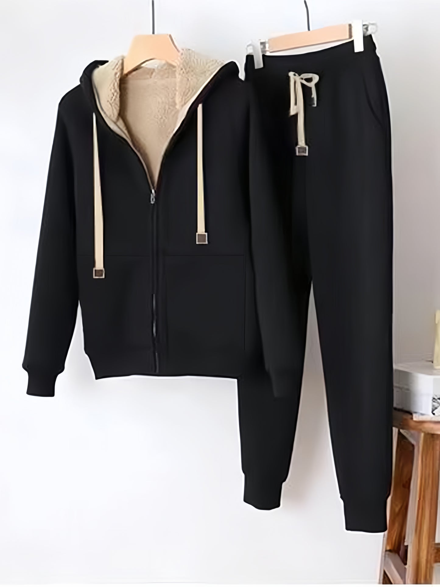 gbolsos Drawstring Casual Two-piece Set, Zip Up Long Sleeve Hooded Tops & Long Length Jogger Pants Outfits, Women's Clothing