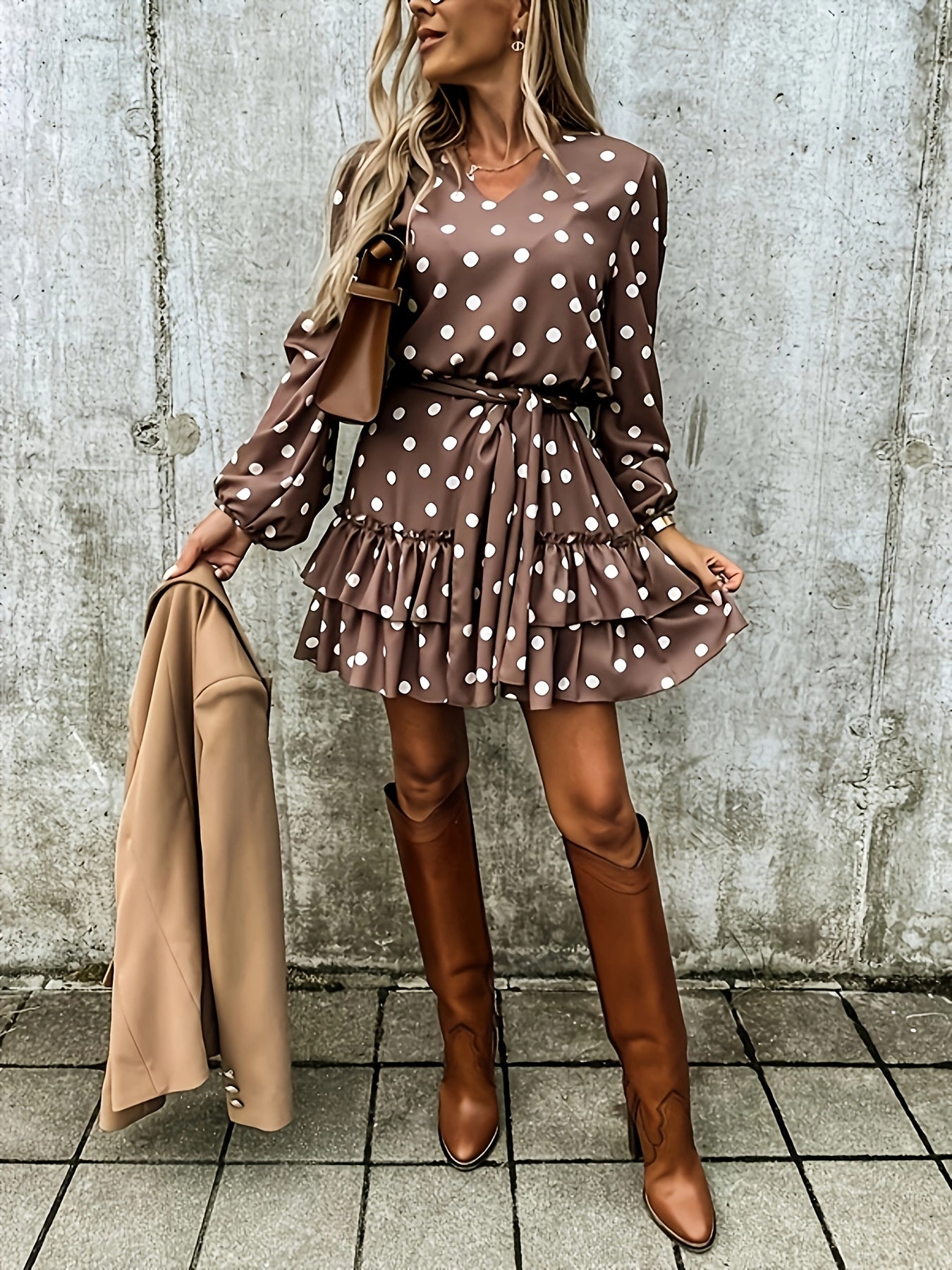 Polka Dot Print Dress, Casual Layered Ruffle Hem Lantern Sleeve Dress, Women's Clothing