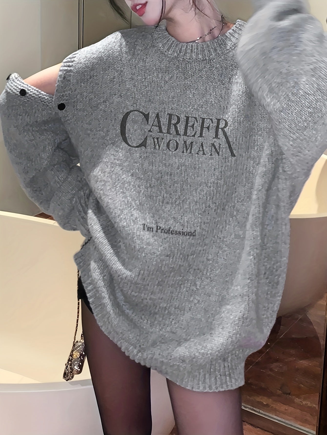 gbolsos Letter Pattern Crew Neck Pullover Sweater, Casual Cold Shoulder Long Sleeve Loose Sweater, Women's Clothing