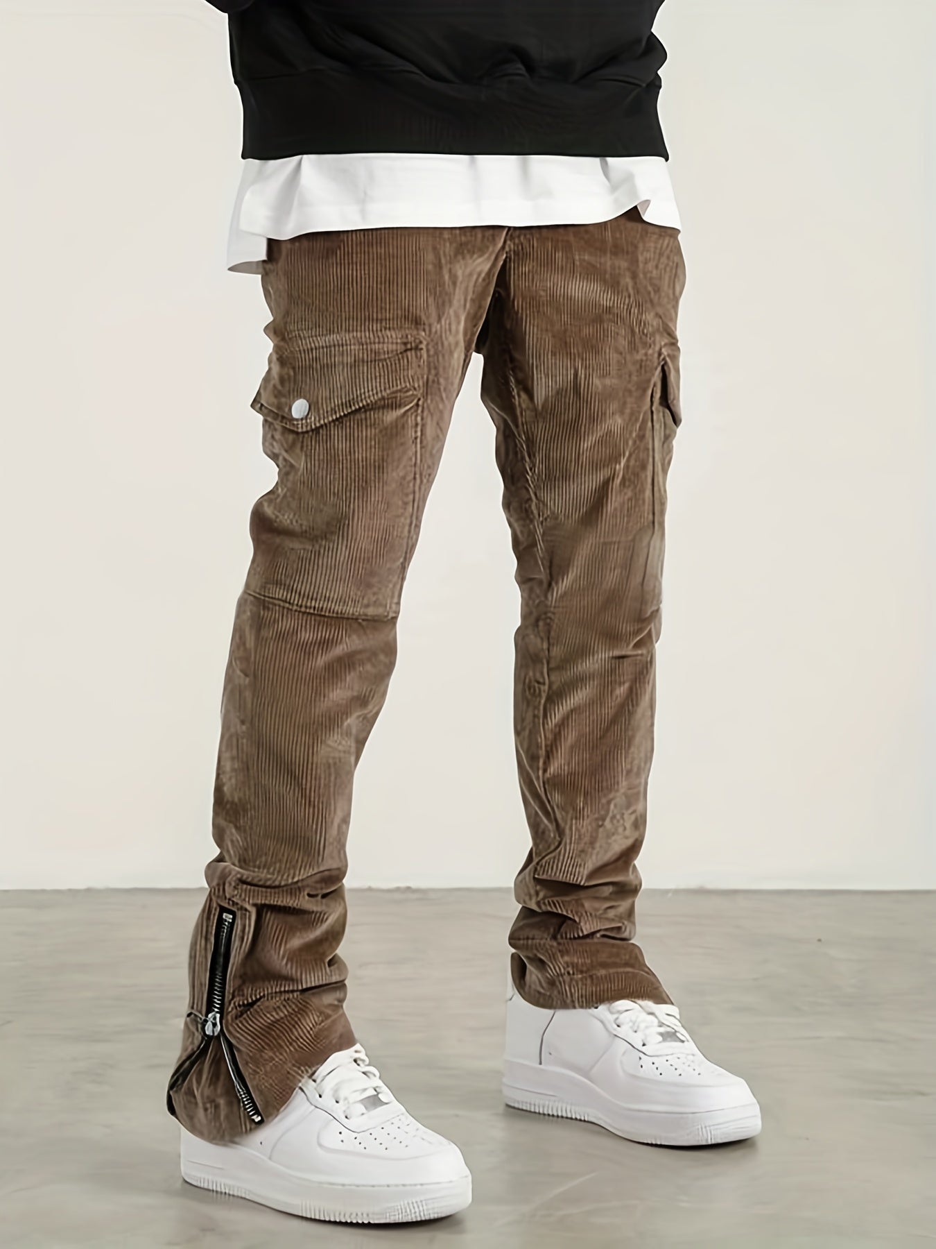 gbolsos Trendy Zipper Slit Bottom Cargo Pants, Men's Solid Multi Flap Pocket Trousers, Casual Outdoor Pants, Men's Work Pants Outdoors Streetwear Hiphop Style
