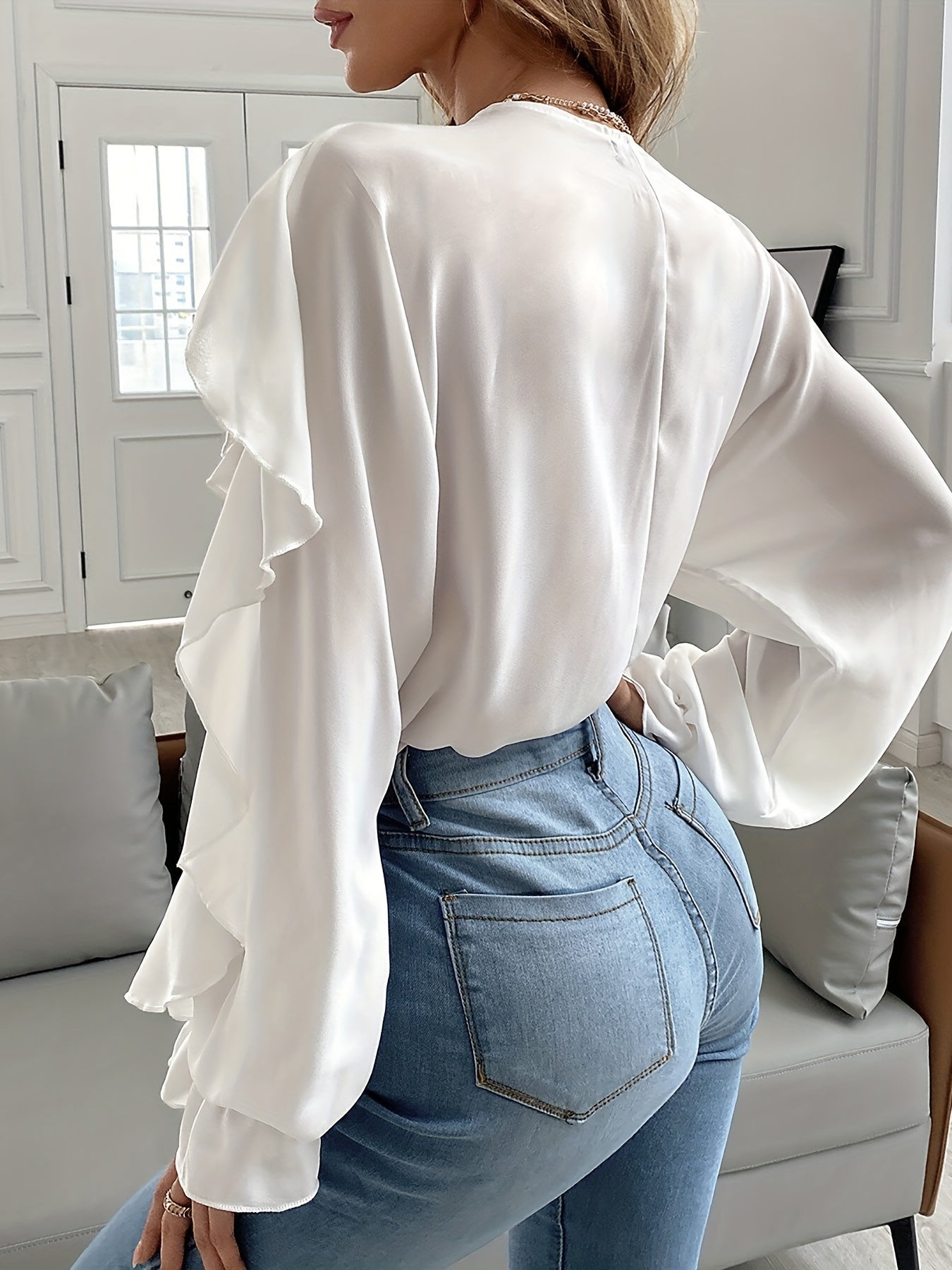 gbolsos Ruffle Trim Solid Blouse, Sexy V Neck Button Front Long Sleeve Blouse, Women's Clothing