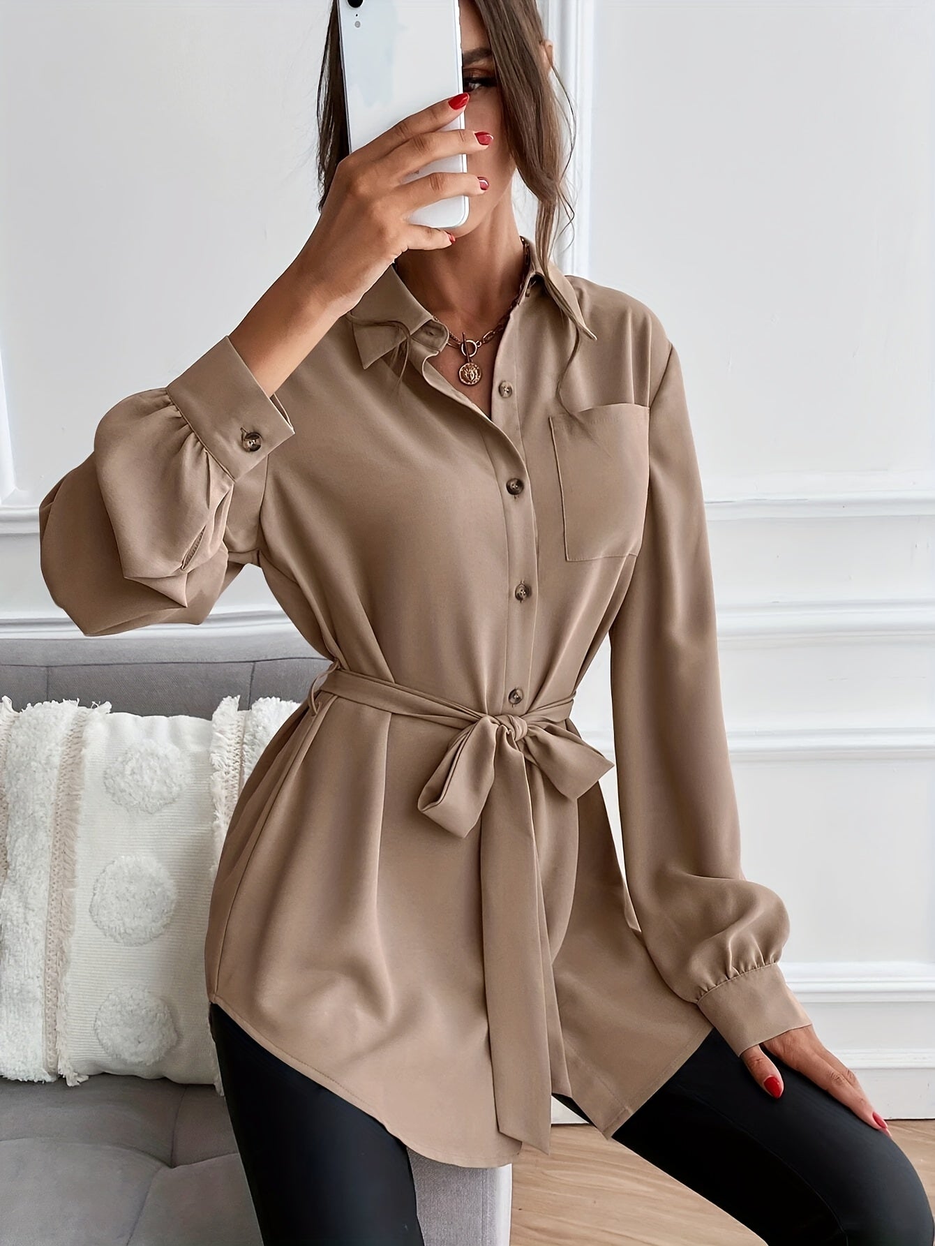 Solid Pocket Polo Collar Belted Blouse, Casual Long Sleeve Blouse For Spring & Fall, Women's Clothing