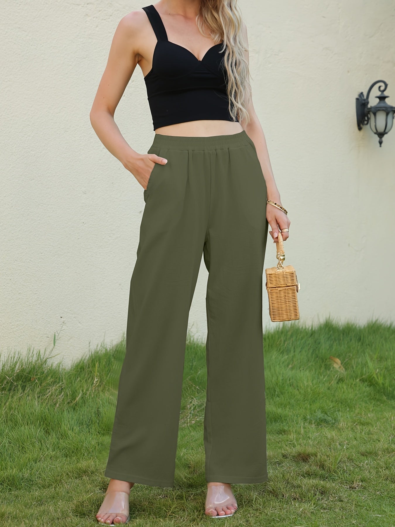 gbolsos Solid Wide Leg Elastic Waist Pants, Casual Dual Pockets Loose Pants, Women's Clothing