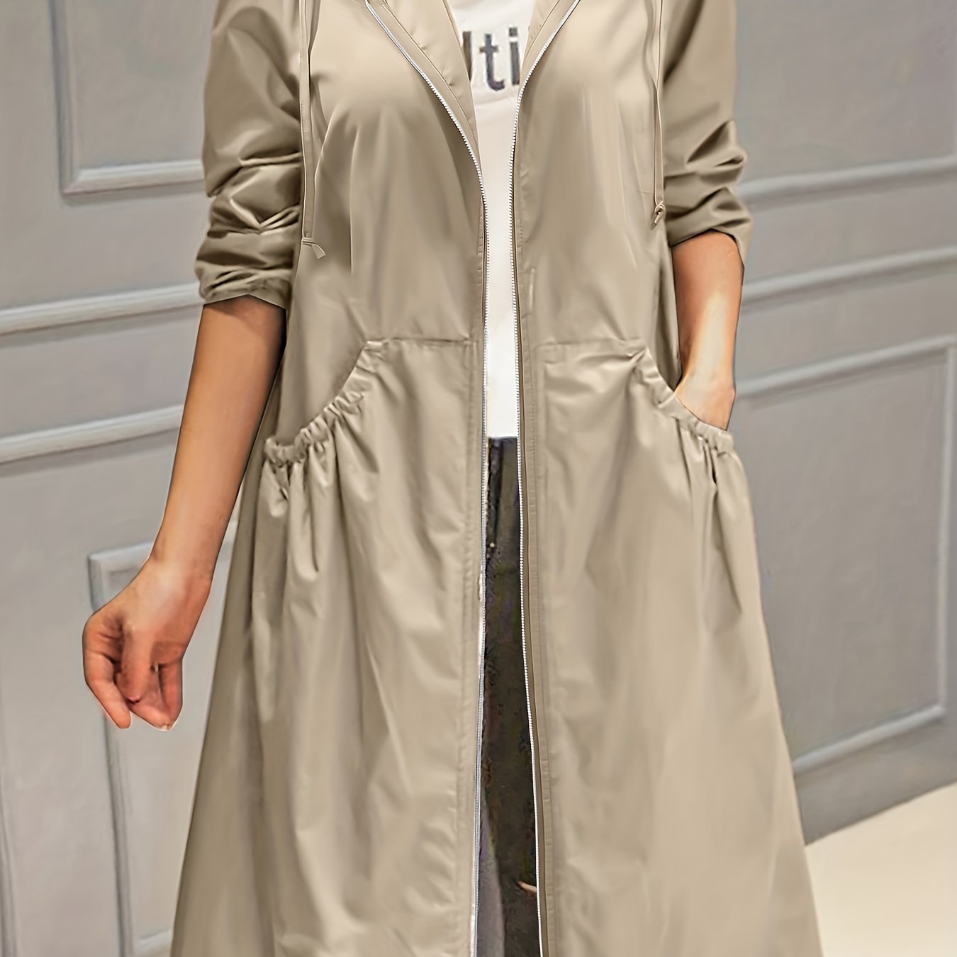 Plus Size Casual Trench Coat, Women's Plus Solid Long Sleeve Hooded Drawstring Zipper Longline Trench Coat With Pockets