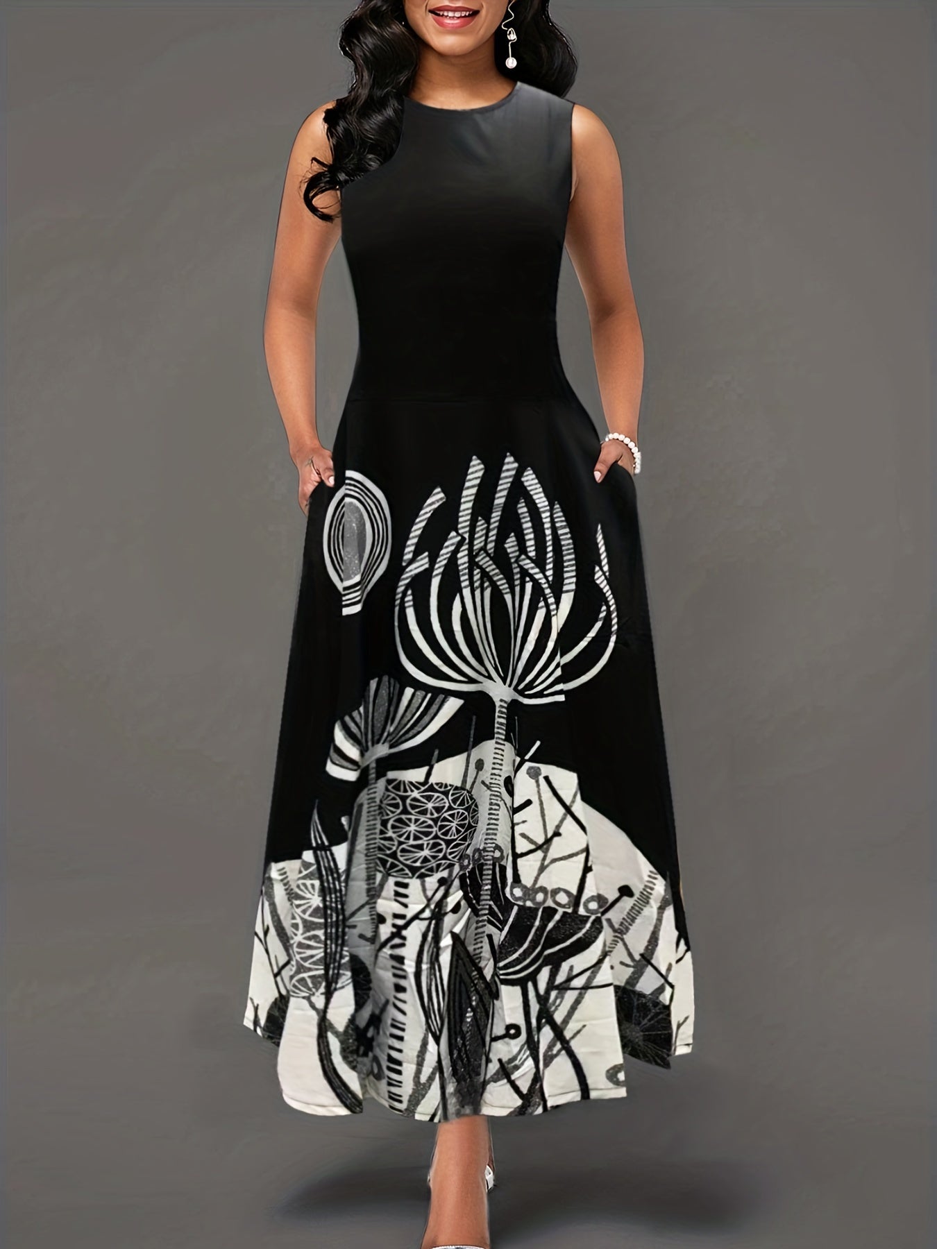 gbolsos Floral Print A-line Long Dress, Elegant Crew Neck Sleeveless Waist Summer Swing Dresses, Women's Clothing