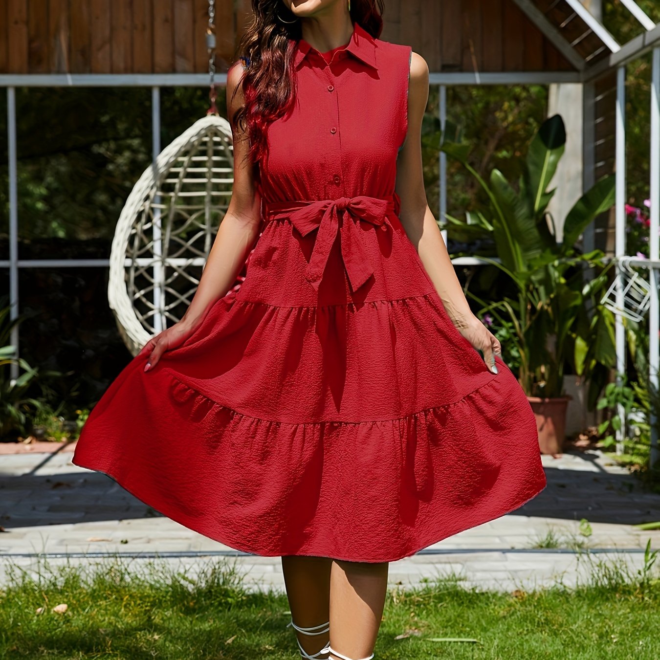 gbolsos Shirt Collar Belted Tiered Dress, Sleeveless Summer Vacation Casual Dress, Women's Clothing