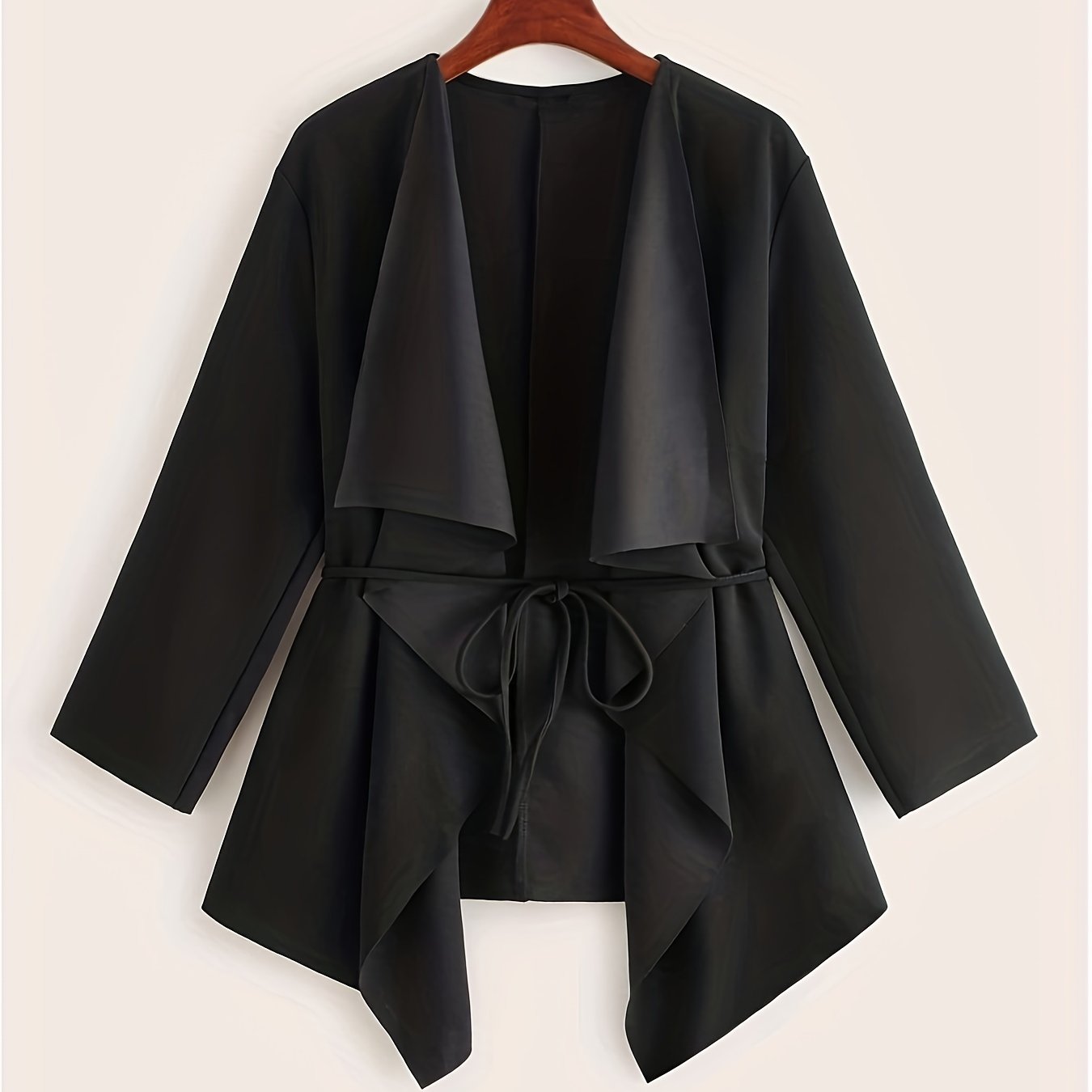 Plus Size Casual Coat, Women's Plus Solid Long Sleeve Waterfall Collar Asymmetric Hem Overcoat With Belt