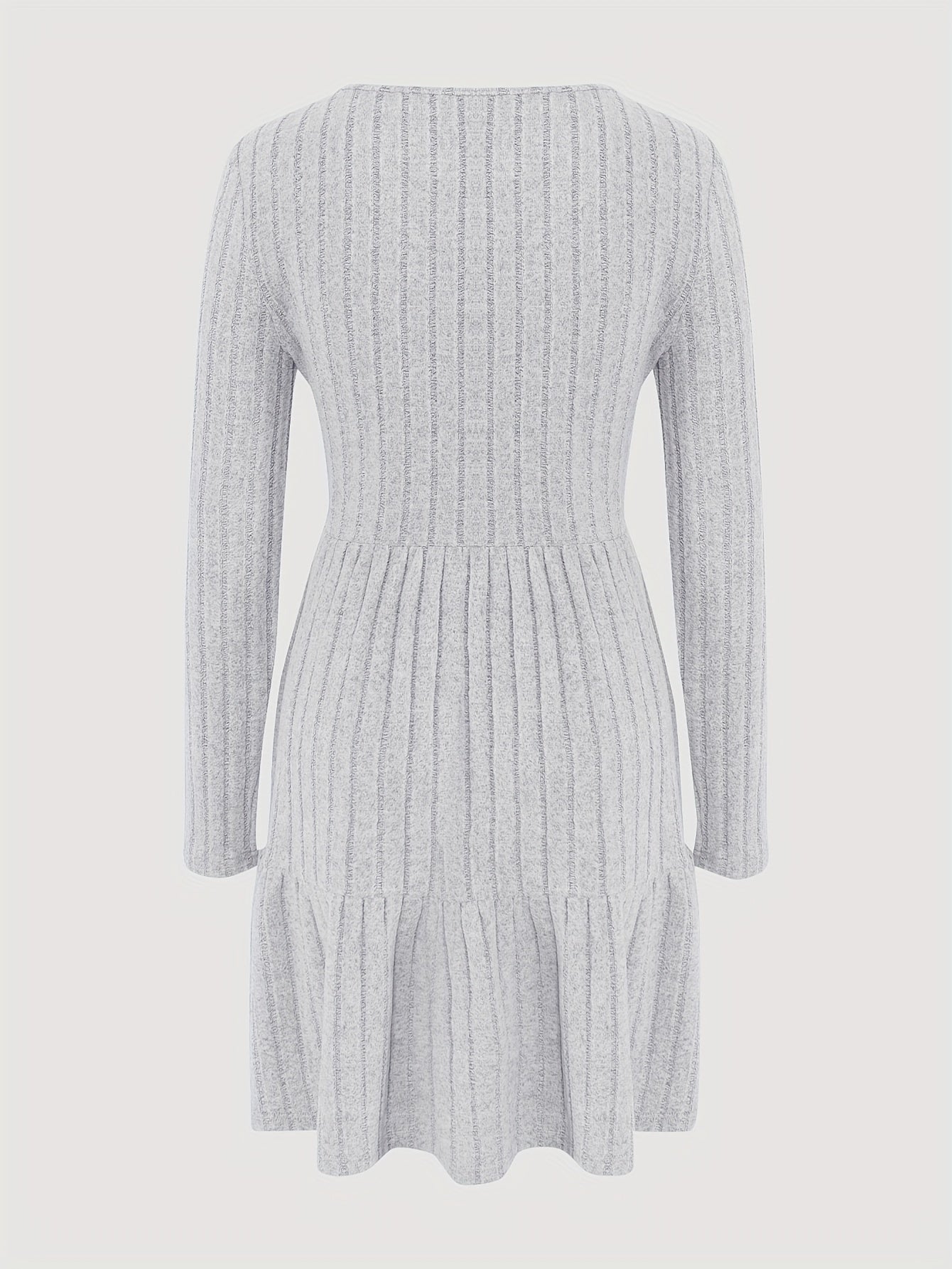 Ribbed Ruffle Hem Solid Dress, Elegant Crew Neck Long Sleeve Dress, Women's Clothing
