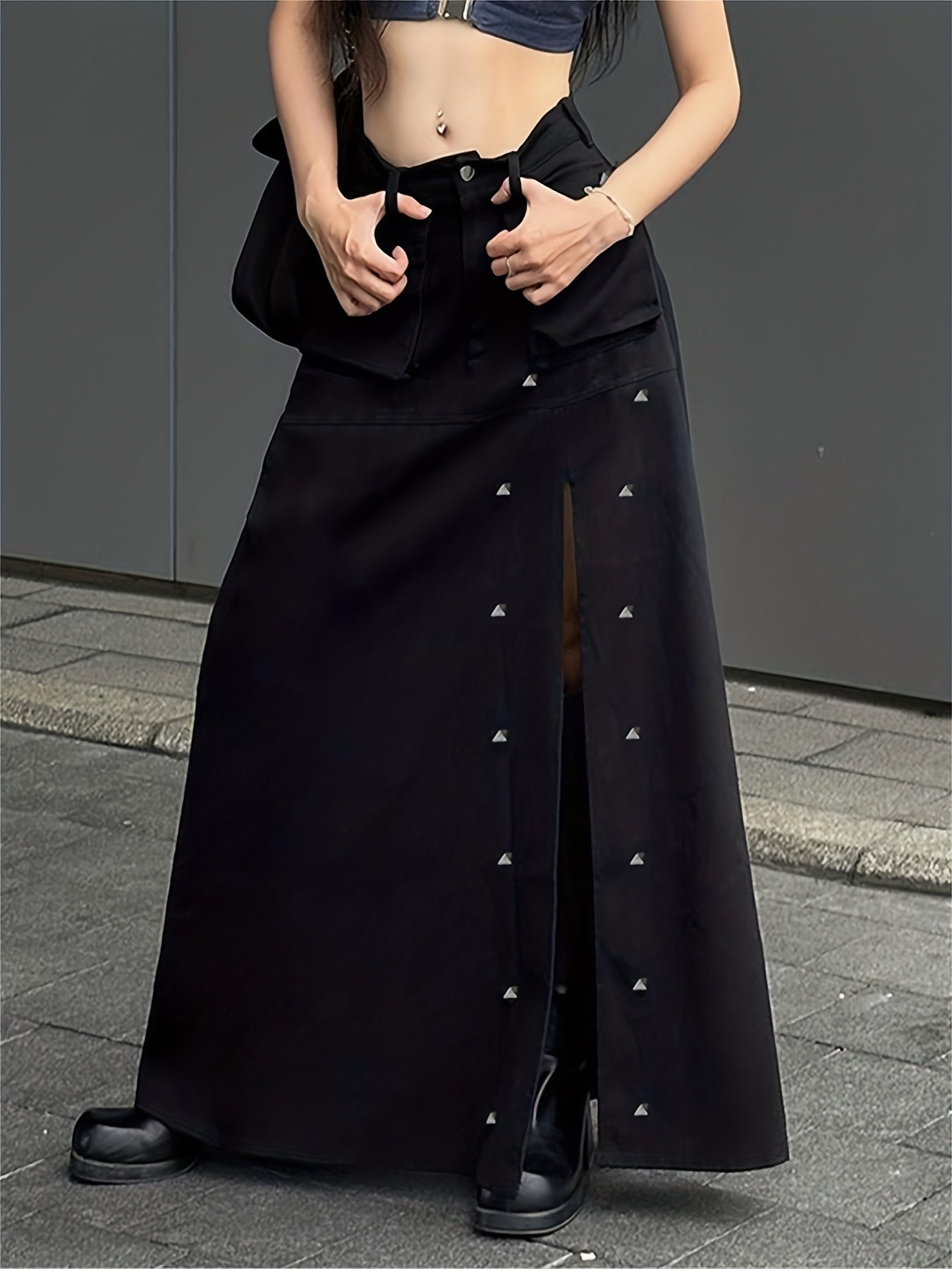 gbolsos Studded Flap Pocket Split Cargo Skirt, Y2K High Waist Loose Maxi Skirt, Women's Clothing