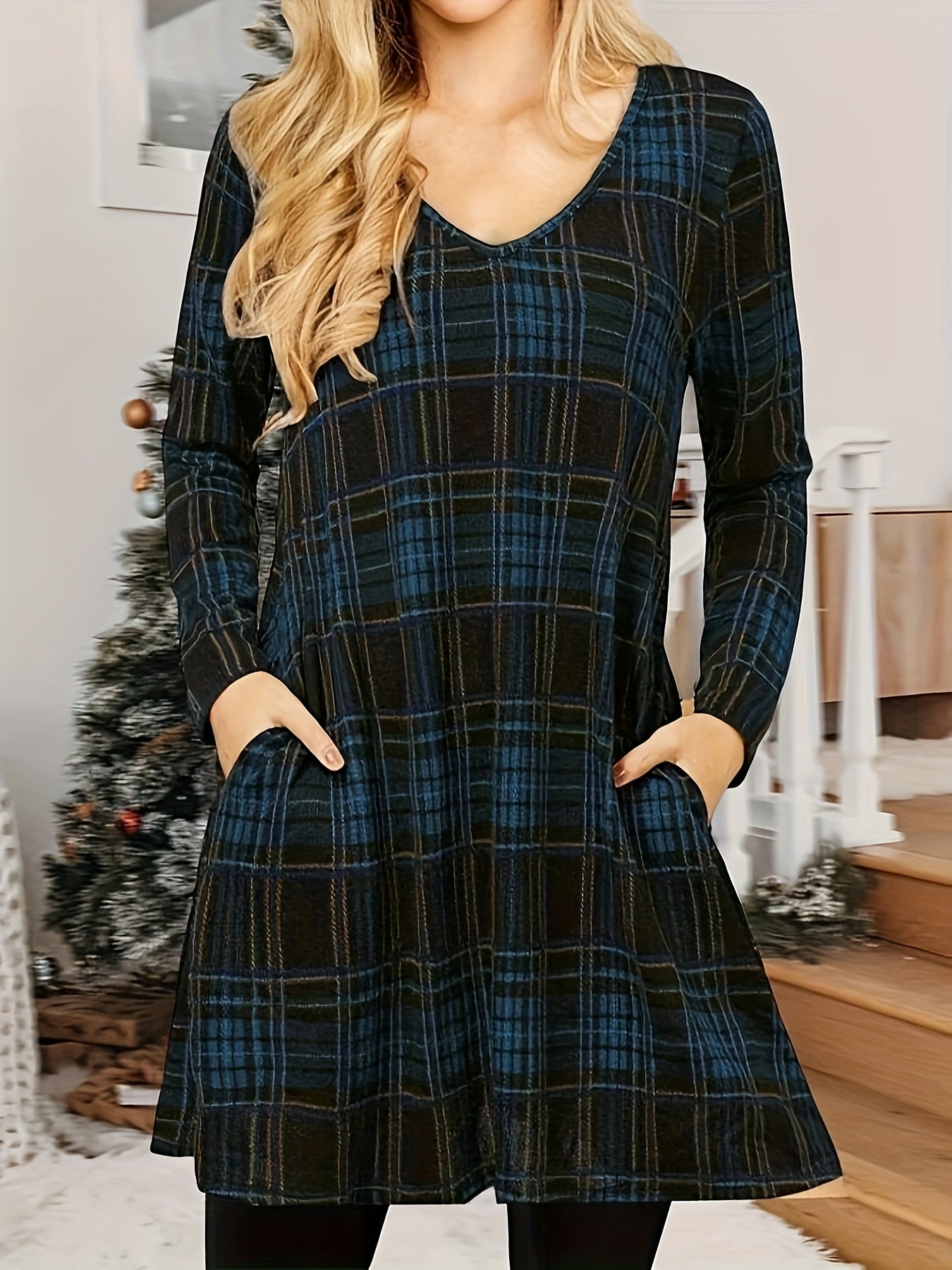 gbolsos Plaid V Neck Dress, Casual Long Sleeve Dress, Women's Clothing