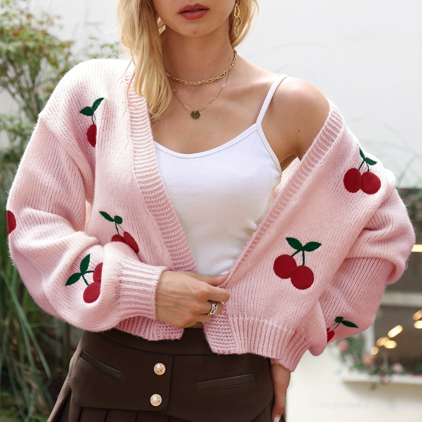 gbolsos Cherry Embroidered Knit Cardigan, Casual Open Front Long Sleeve Sweater, Women's Clothing