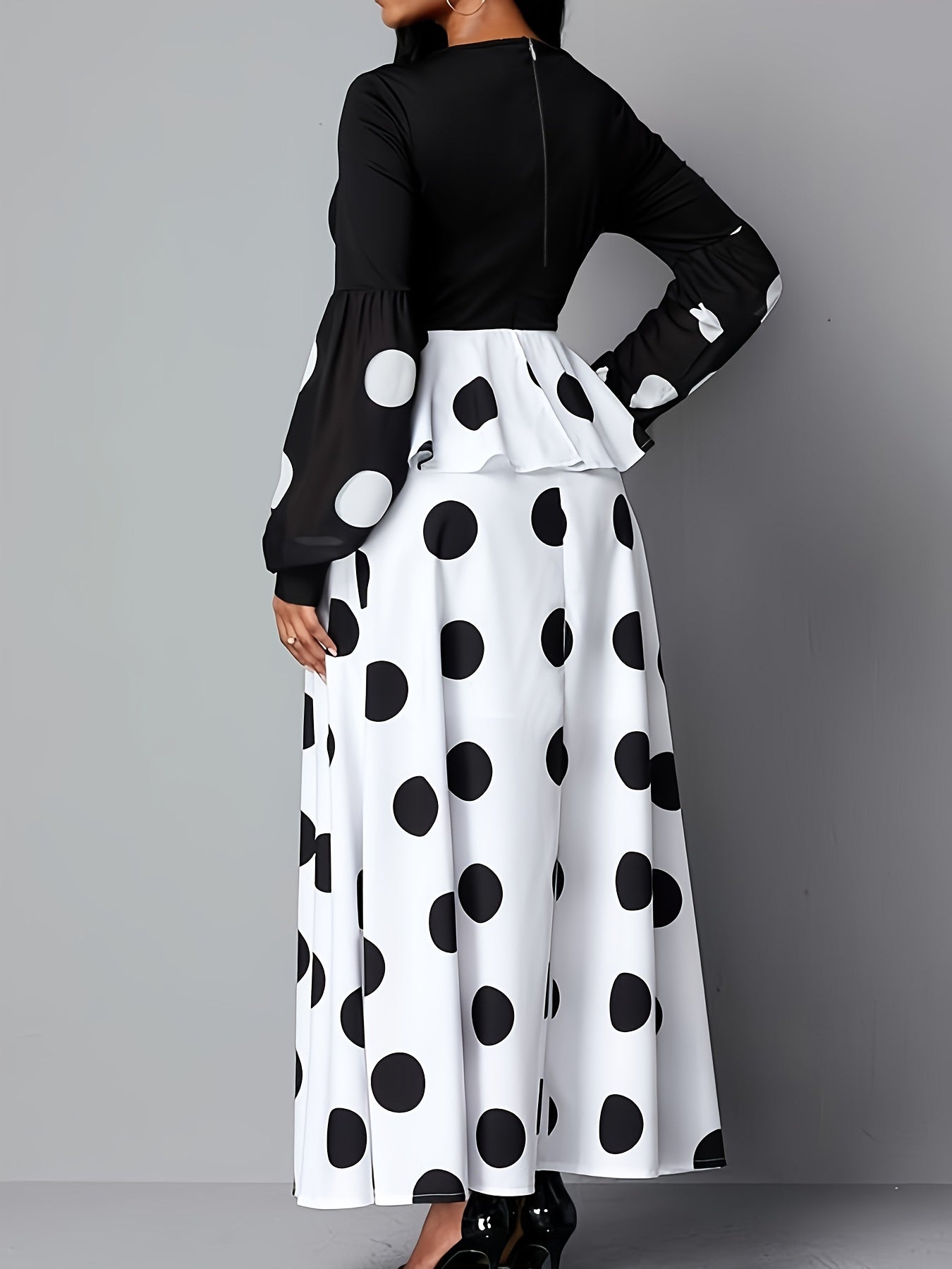 gbolsos Color Block Polka Dot V Neck Long Sleeve Dress, Elegant High Tie Waist Flared Maxi Dress, Women's Clothing