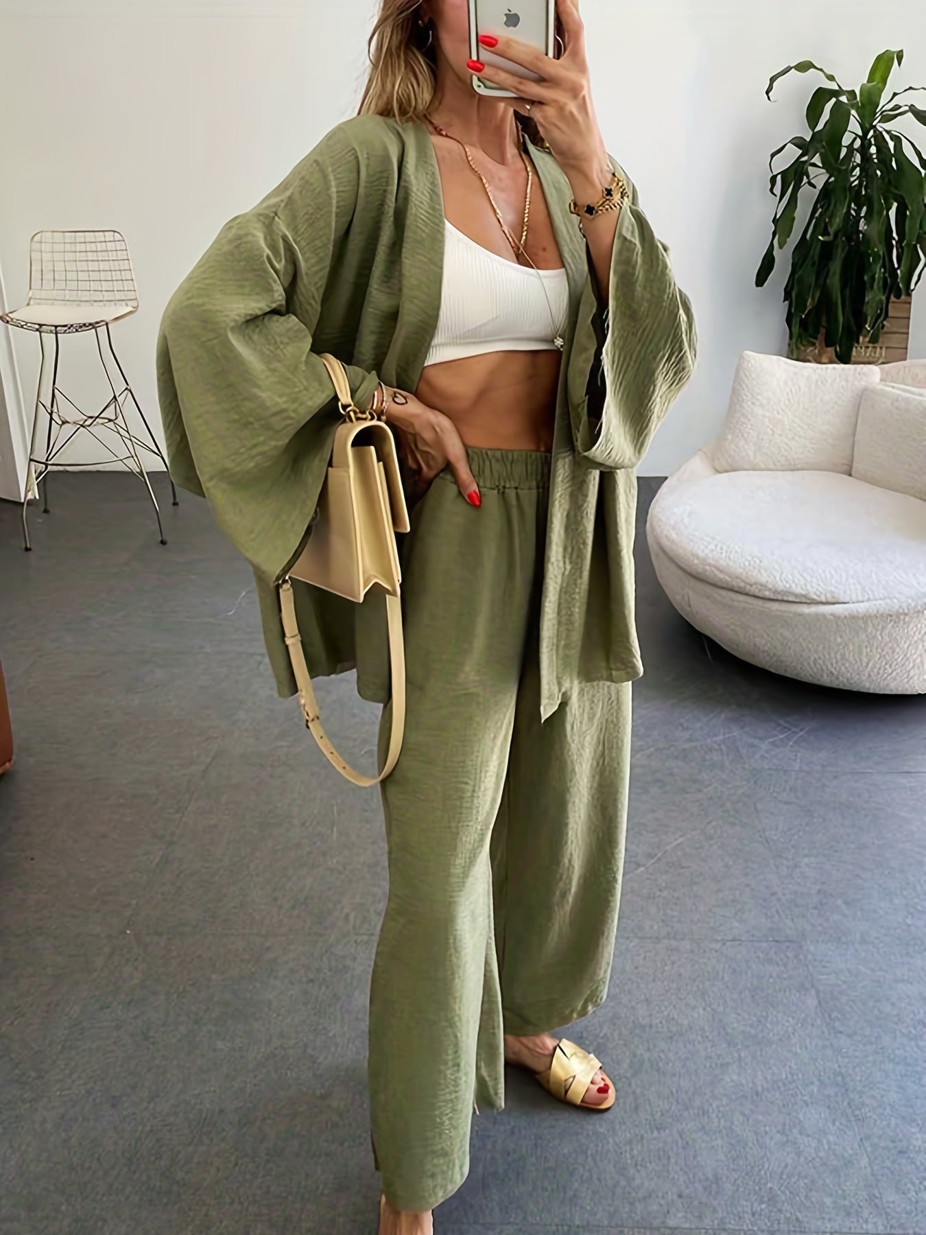 Plus Size Casual Overcoat, Women's Plus Solid Long Sleeve Slight Stretch Kimono Cardigan
