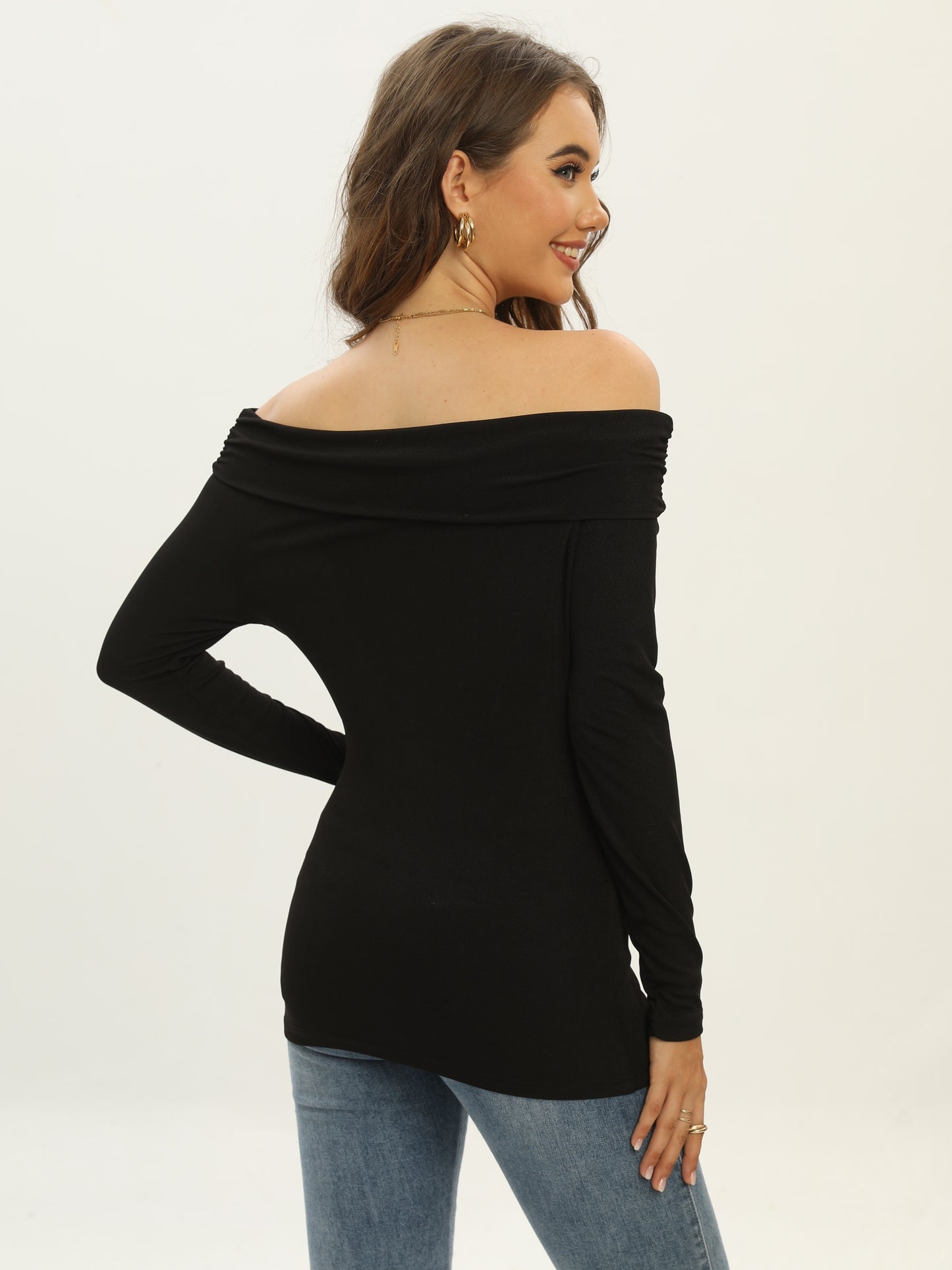 gbolsos Solid Slim Off Shoulder T-Shirt, Casual Long Sleeve Top For Spring & Fall, Women's Clothing