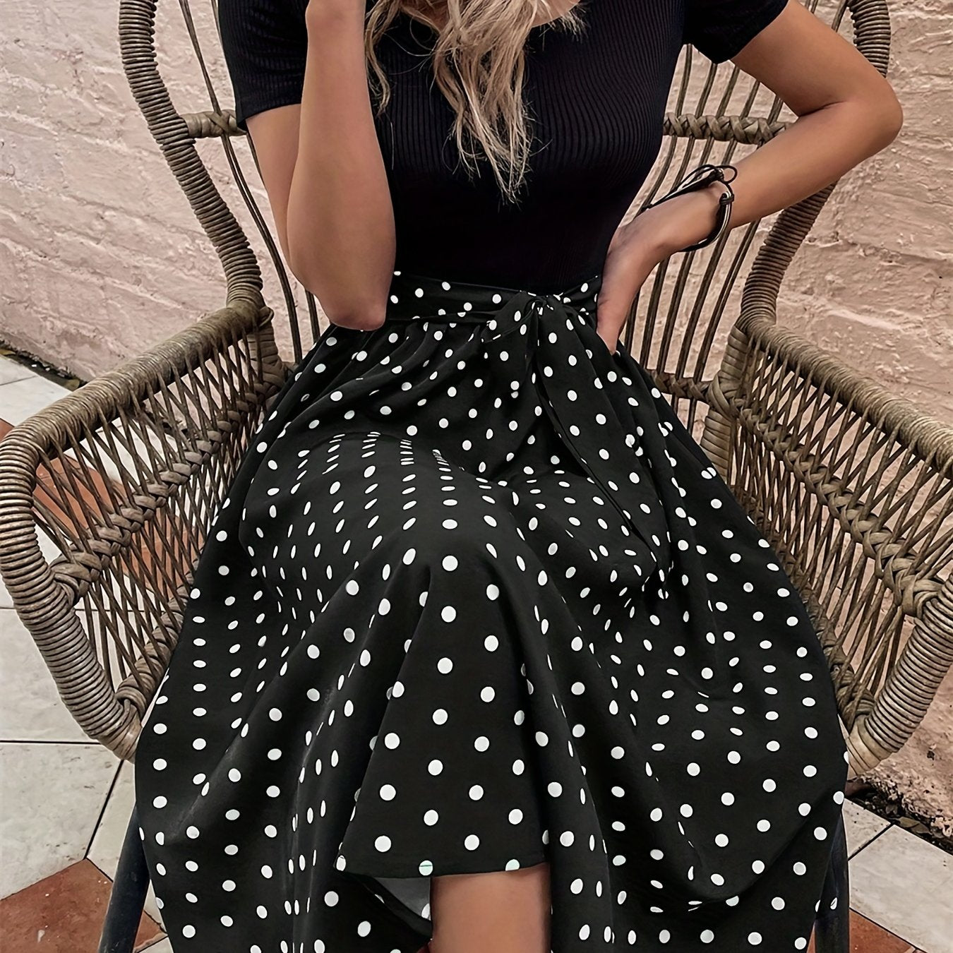 Polka Dot Print Splicing Dress, Casual Crew Neck Short Sleeve Dress, Women's Clothing