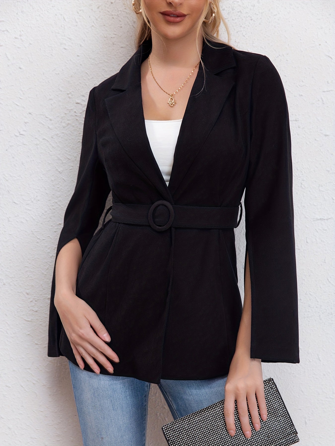 gbolsos Split Long Sleeve Lapel Blazer, Elegant Open Front Work Outerwear, Women's Clothing