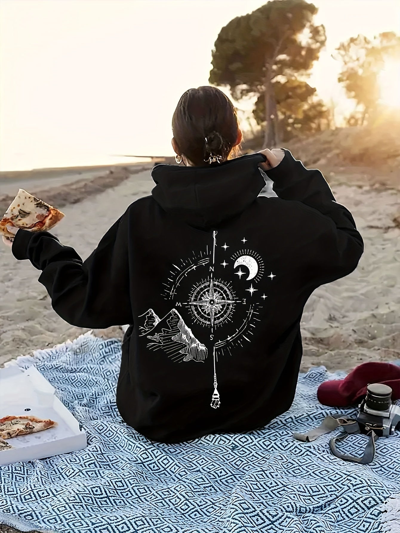 gbolsos Mountain & Moon Print Hoodie, Casual Long Sleeve Hooded Sweatshirt, Women's Clothing