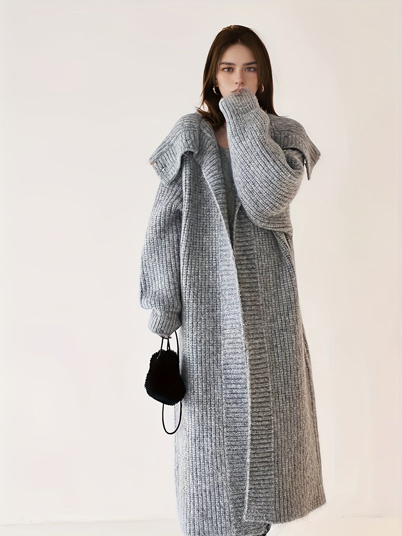 gbolsos Solid Open Front Sweater Cardigan, Casual Long Sleeve Cardigan For Fall & Winter, Women's Clothing