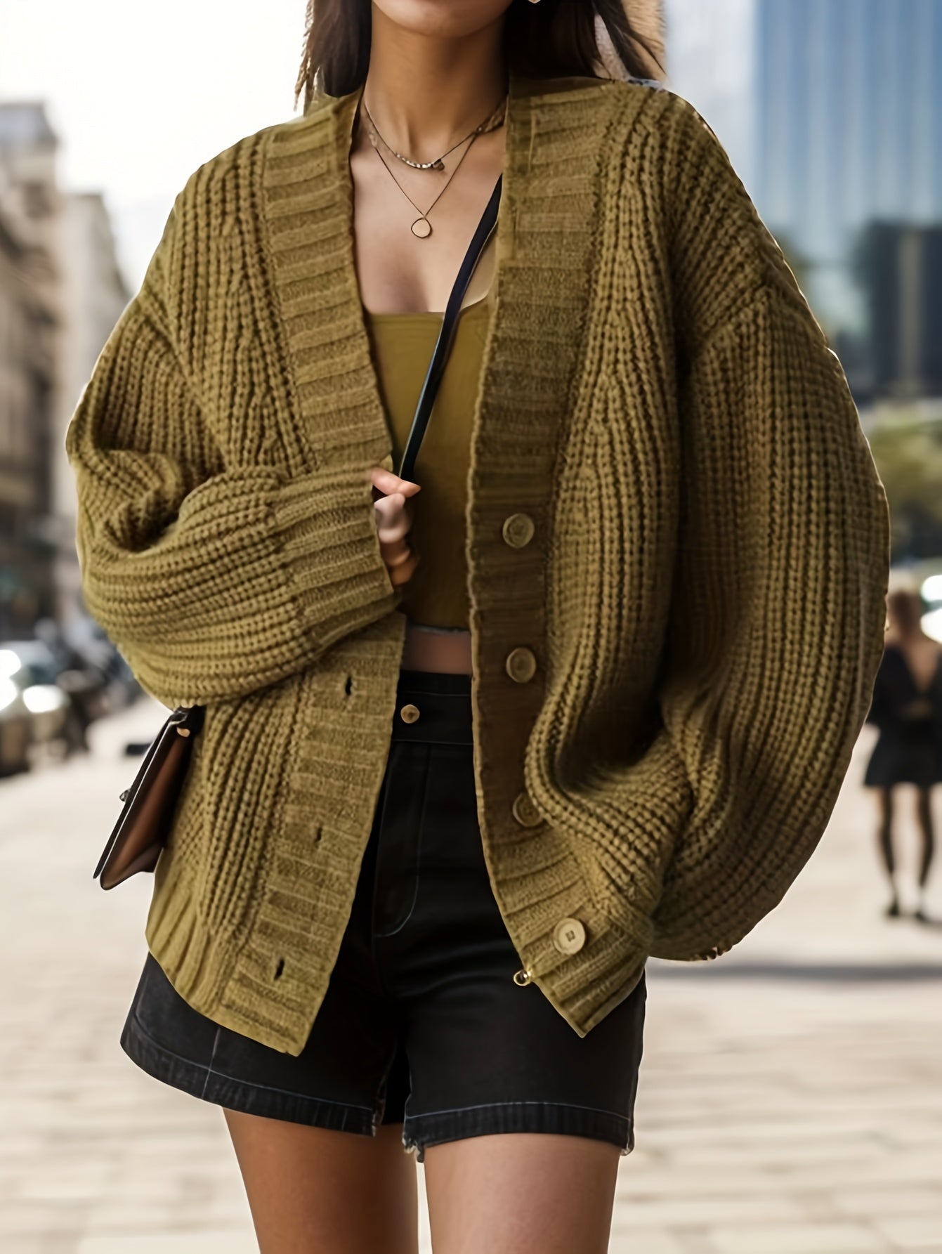 gbolsos Solid Knitted Button Front Cardigan, Casual Long Sleeve Cardigan, Women's Clothing