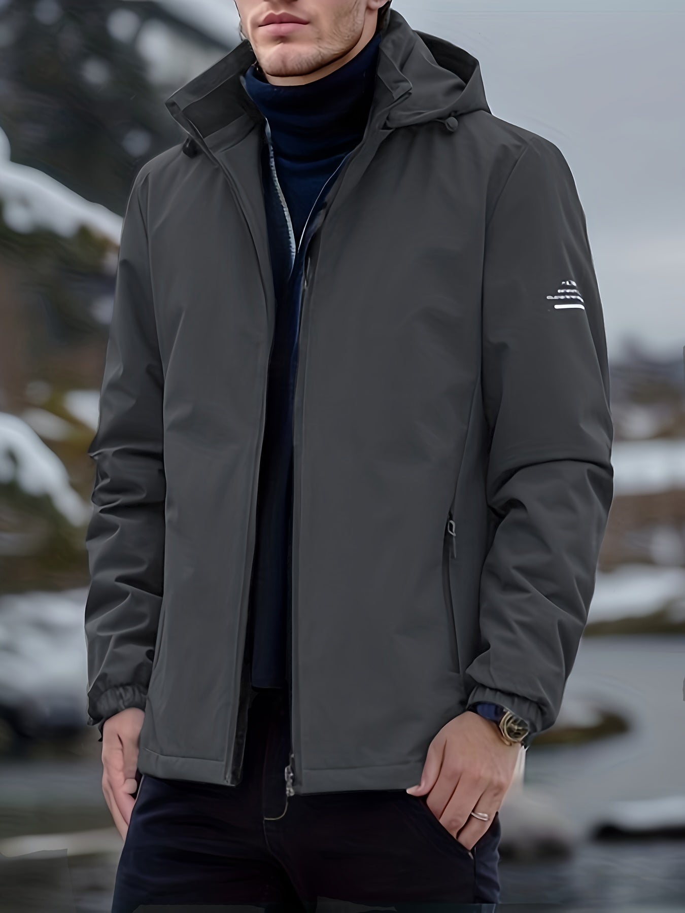 gbolsos Men's Soft-Shell Hooded Jacket, Casual Windproof & Waterproof Zip Up Detachable Hood Comfy Jacket For Outdoor