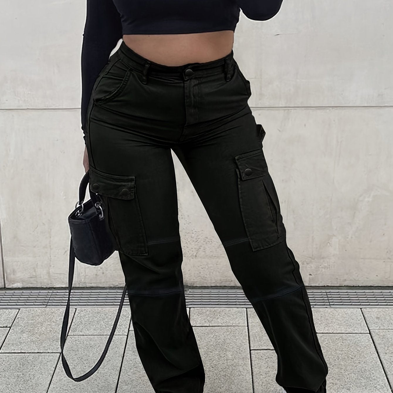 gbolsos Plain Side Flap Pocket Cargo Jeans, Loose Fit High Rise Streetwear Denim Pants, Women's Denim Jeans & Clothing